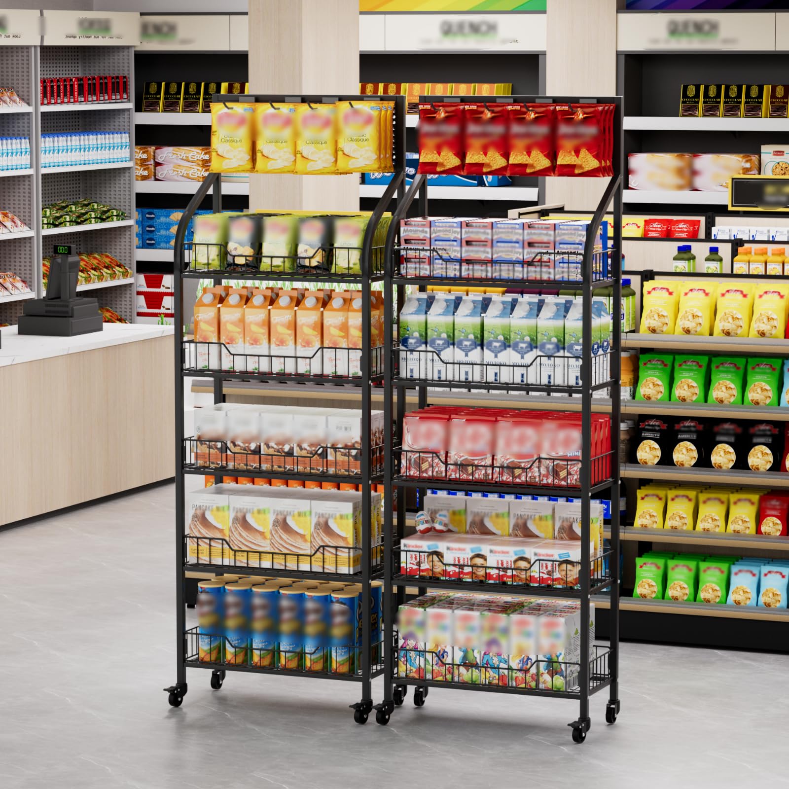 5-Tier Black Metal Candy Display Rack - 23.6x10.6x67 Inch Snack Organizer Stand for Retail Stores, Kitchen & Office - Sturdy Chip Shelf for Bread, Chips & Snacks Display - Perfect for Convenience Stores, Supermarkets & Cafeterias