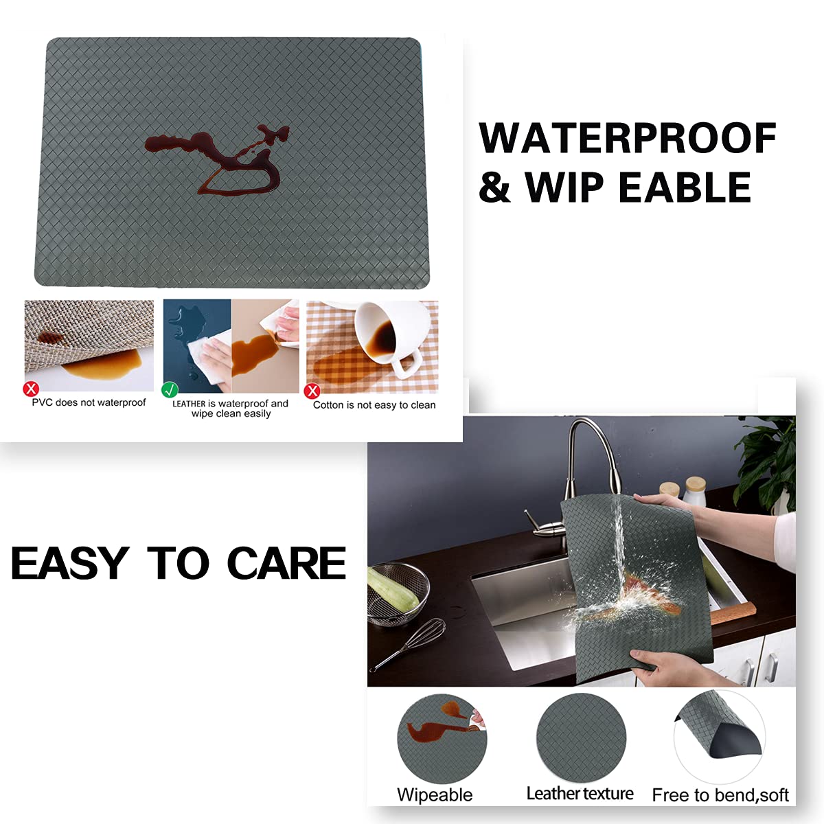 Non-Slip Faux Leather Woven Placemats Set of 4 - 11.8 x 17 Inches Heat-Resistant & Washable Table Mats for Dining Table Decor (Grey) - Perfect for Everyday Meals, Dinner Parties, and Holiday Gatherings