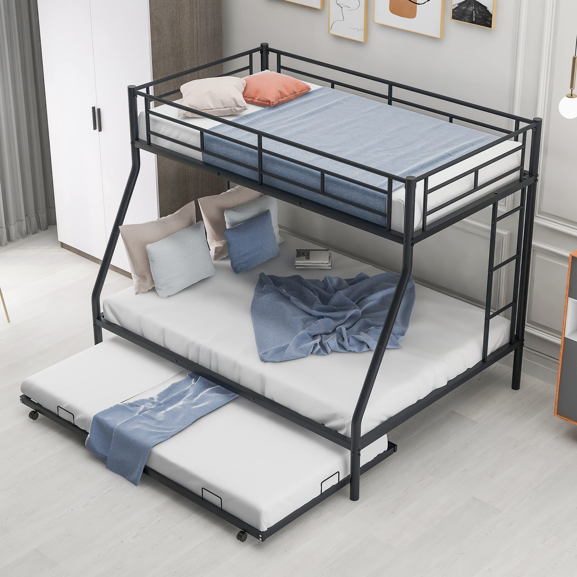 Harper & Bright Designs Low Bunk Beds Twin Over Full Size - Sturdy Metal Bunk Bed with Twin Trundle, No Box Spring Required (Black) - Perfect for Kids' Bedrooms, Guest Rooms & Small Spaces