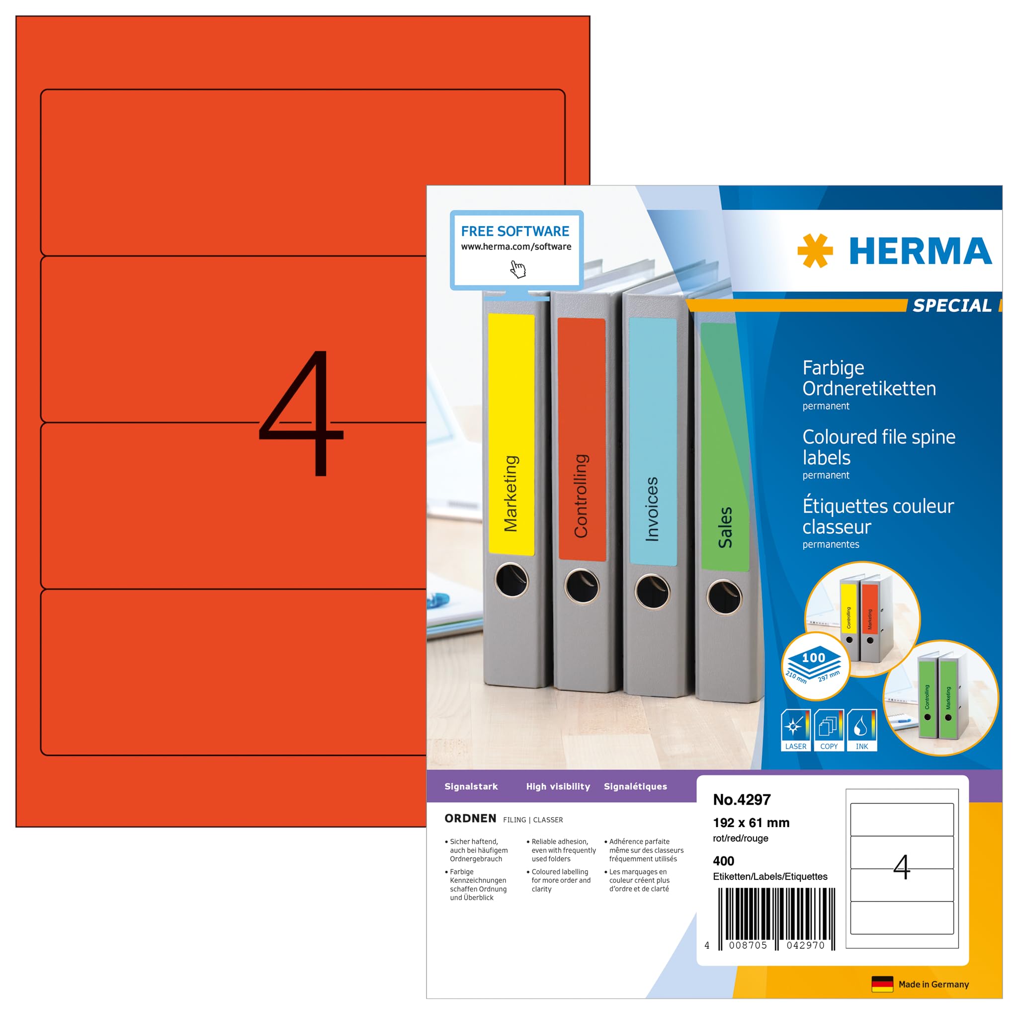 HERMA 4297 Self Adhesive Spine Labels - 4 Labels per A4 Sheet, 100 Sheets (400 Labels Total), 192 x 61 mm, Blank Lever Arch File Folder Stickers for Laser & Inkjet Printers - Red | Perfect for Office Organization, File Classification & Document Management