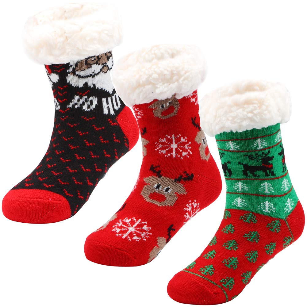 3 Pairs Toddler Girl & Boy Sherpa-Lined Fuzzy Socks with Non-Slip Grips - Warm Winter Baby Socks for Christmas Gifts & Cozy Indoor Play