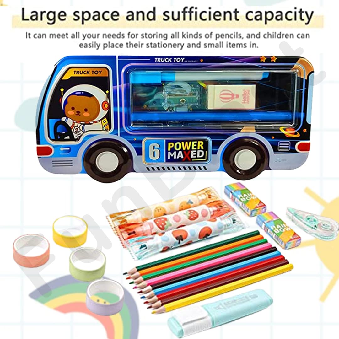 FunBlast Double Layer Metal Pencil Box Set for Kids - Includes Pencils, Eraser & Sharpener - School Stationery Organizer Case - Perfect for Classroom, Homework & Birthday Gifts (Blue)