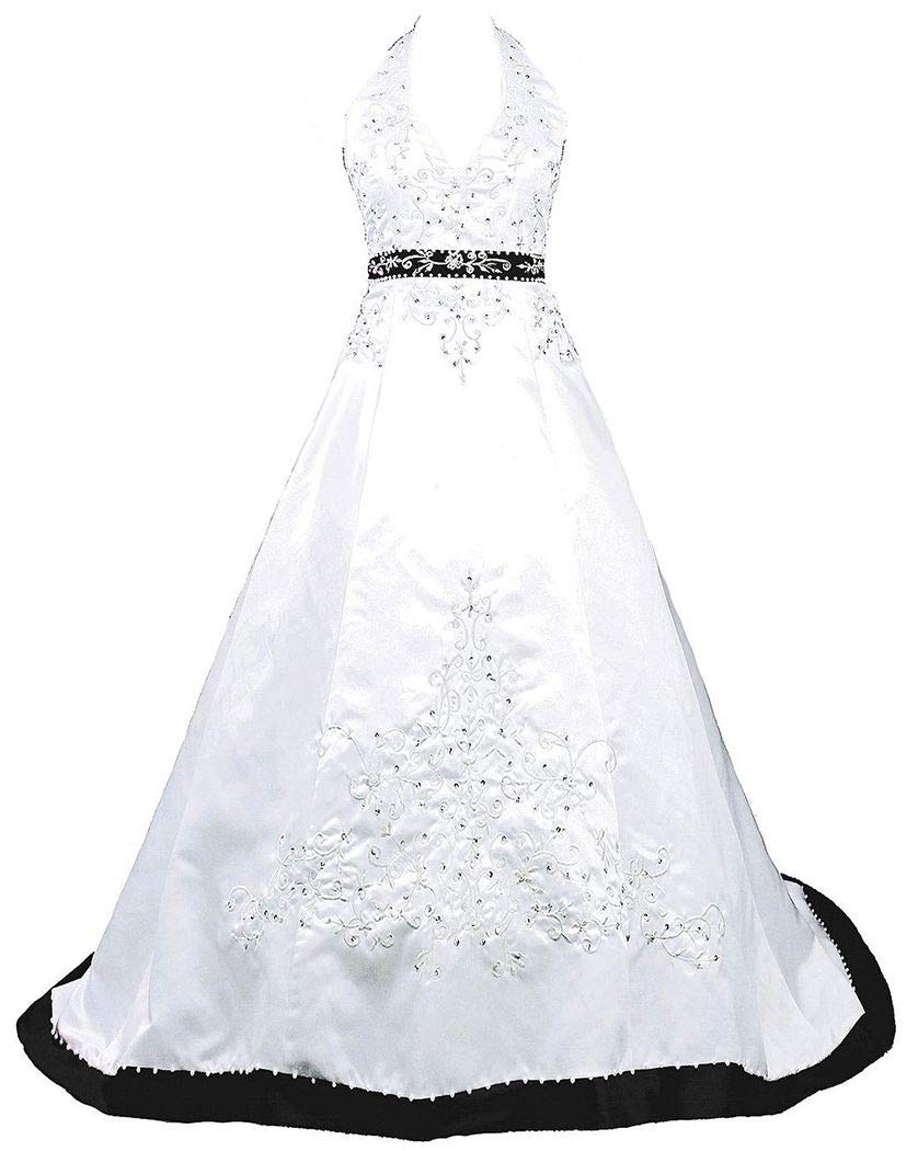 Elegant Women's Halter Embroidery Satin Wedding Dress with Corset Back - Perfect for Bridal, Prom, and Formal Occasions