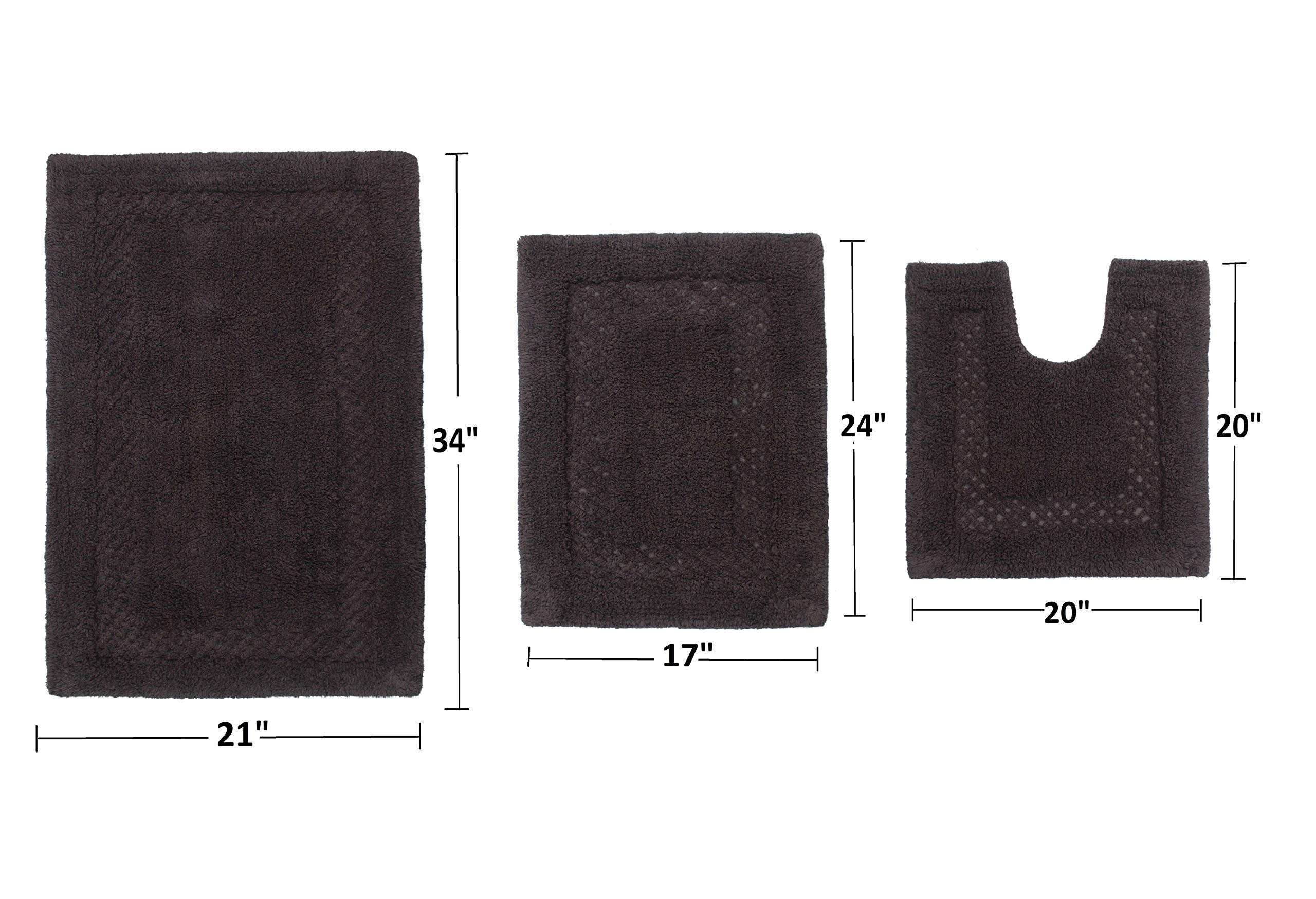 Premium 100% Cotton Bathroom Rug Set - Ultra Soft & Absorbent Non-Slip Bath Mat, Washable Contour Bathroom Floor Mats for Shower & Tub (3-Piece Set, Gray) - Perfect for Bathrooms, Kitchens & Laundry Rooms