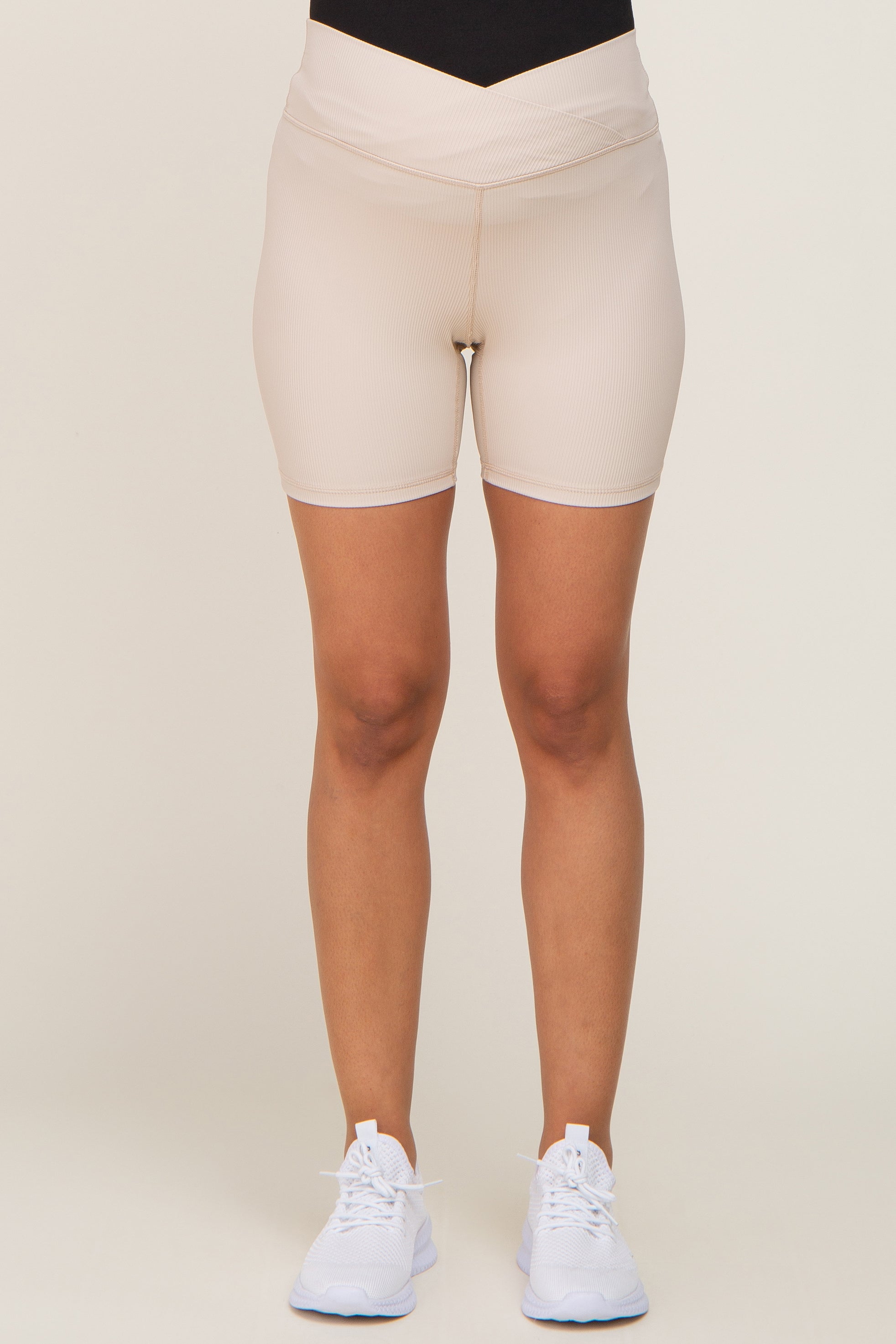 Beige Ribbed Crisscross Maternity Bike Shorts - High Waisted Pregnancy Workout Shorts for Yoga, Gym & Summer Comfort