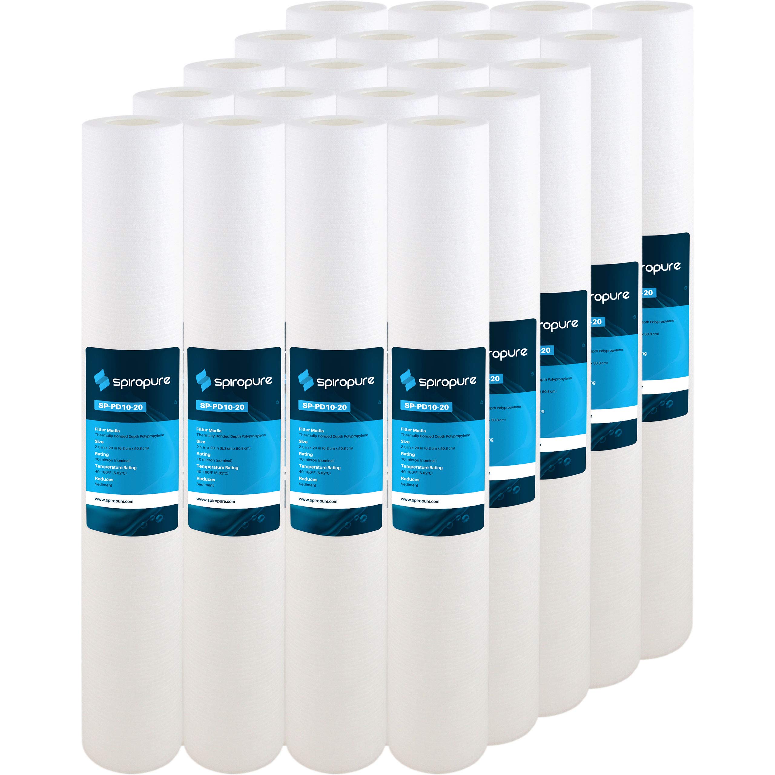 SpiroPure SP-PD10-20 20x2.5 Inch 10 Micron Polypropylene Sediment Water Filter Cartridge - Case of 20 - Perfect for Whole House Water Filtration, Well Water Treatment, and Pre-Filtration Systems