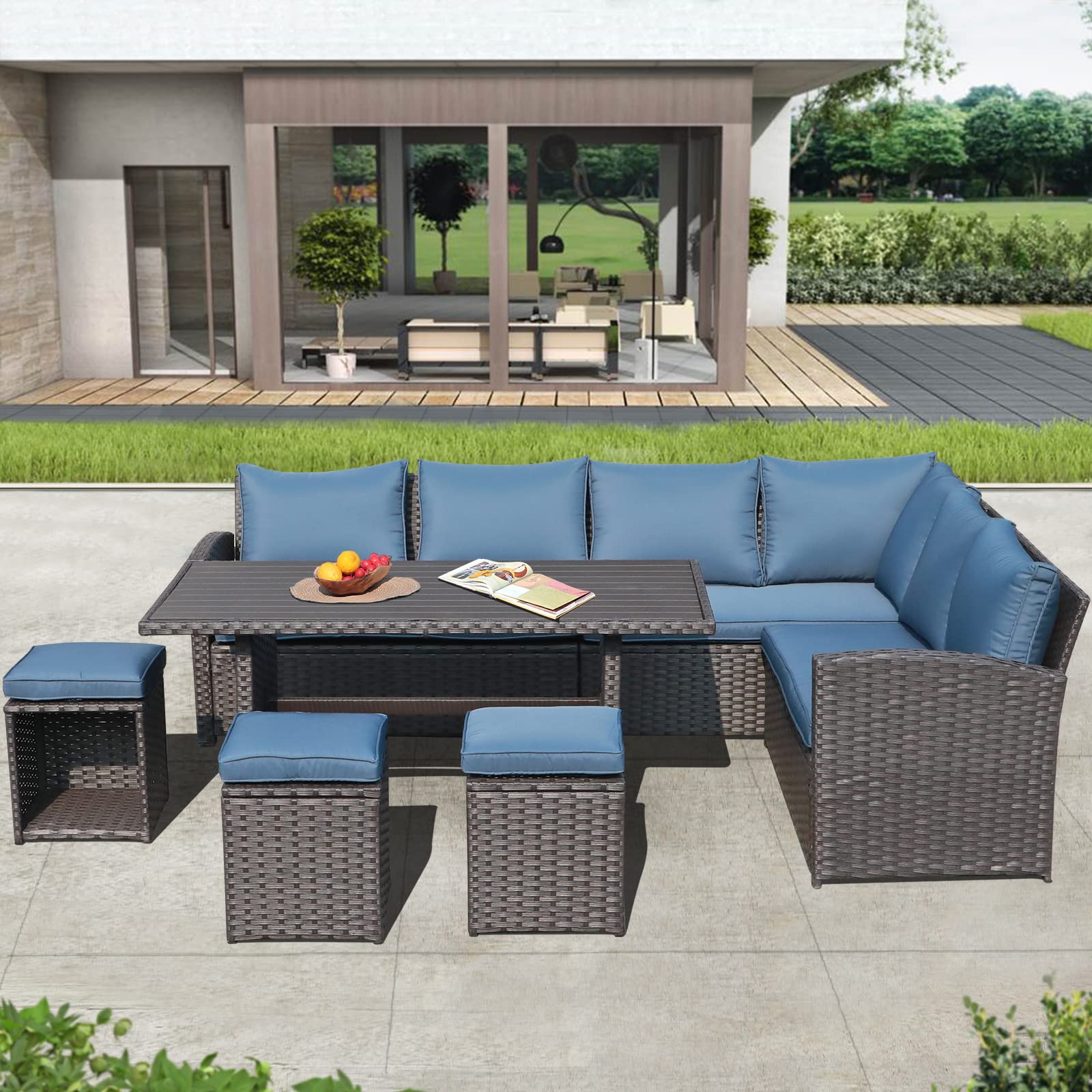 COBANA 7-Piece All-Weather Wicker Patio Furniture Set - Outdoor Sectional Sofa with Dining Table & Chairs - Aegean Blue - Perfect for Backyard, Garden, Poolside & Patio Relaxation