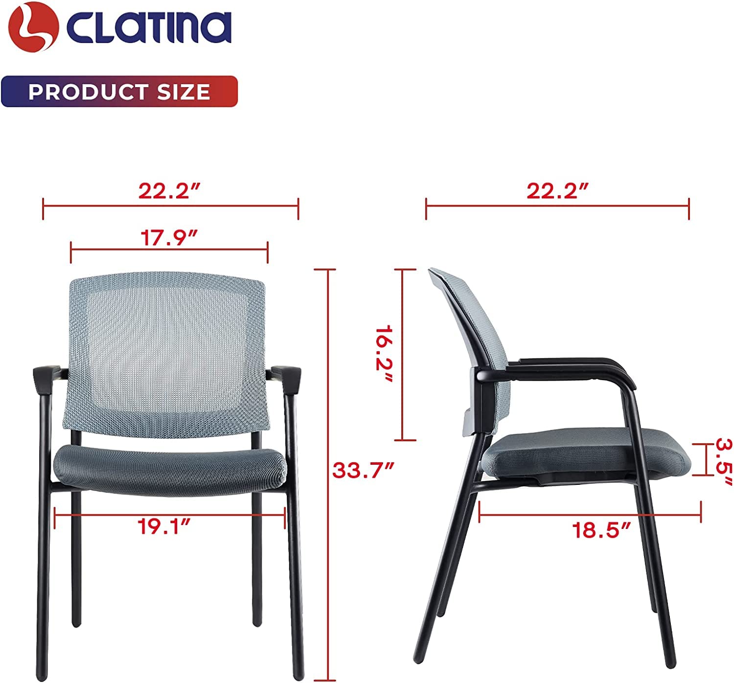 Clatina Ergonomic Mesh Guest Chair with Arms - Stackable Office Chair for Home, Waiting Room, Lobby & Conference - Breathable Back Support, No Wheels (Alba Gray, 2-Pack) - Perfect for Reception Areas, Meeting Rooms & Small Office Spaces