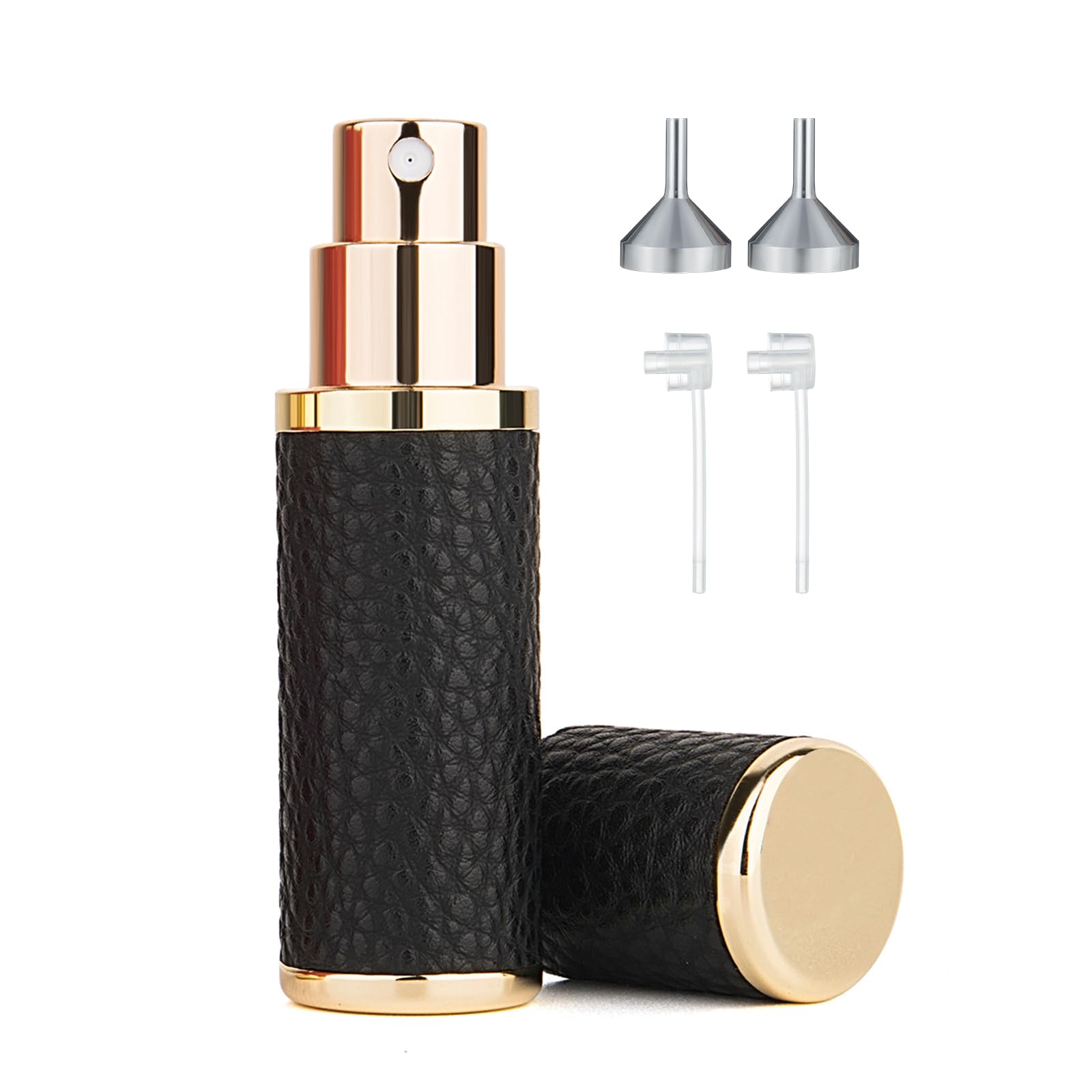 Portable 5ml Leather Travel Perfume Refillable Bottle - Fine Mist Cologne Sprayer with Funnel & Diffuser Tool for Women & Men (Black) | Perfect for On-the-Go Fragrance Touch-Ups, Gym Bags, and Travel Essentials