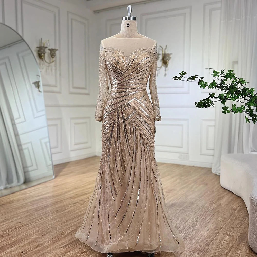 Luxury Gray Beaded Mermaid Evening Gown - Elegant Floor Length Muslim Party Dress for Women - Wedding, Prom, Gala & Special Occasions - Serene Hill Collection LA72295