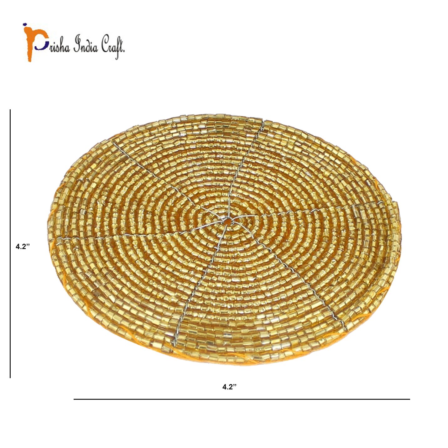 Prisha India Handmade Gold Beaded Tea Coasters Set of 4 - 4 Inch Round Coasters for Tea Cups, Coffee Mugs & Hot Beverages - Elegant Table Decor for Home, Office & Gifts