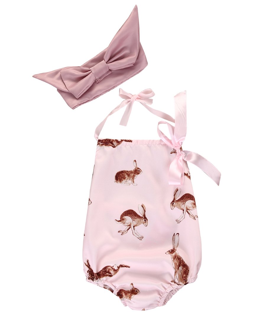 Easter Bunny Romper Outfit for Newborn Baby Girls - Backless Halter Sunsuit with Headband | Summer Photoshoot, Holiday Party, Baby Shower Gift