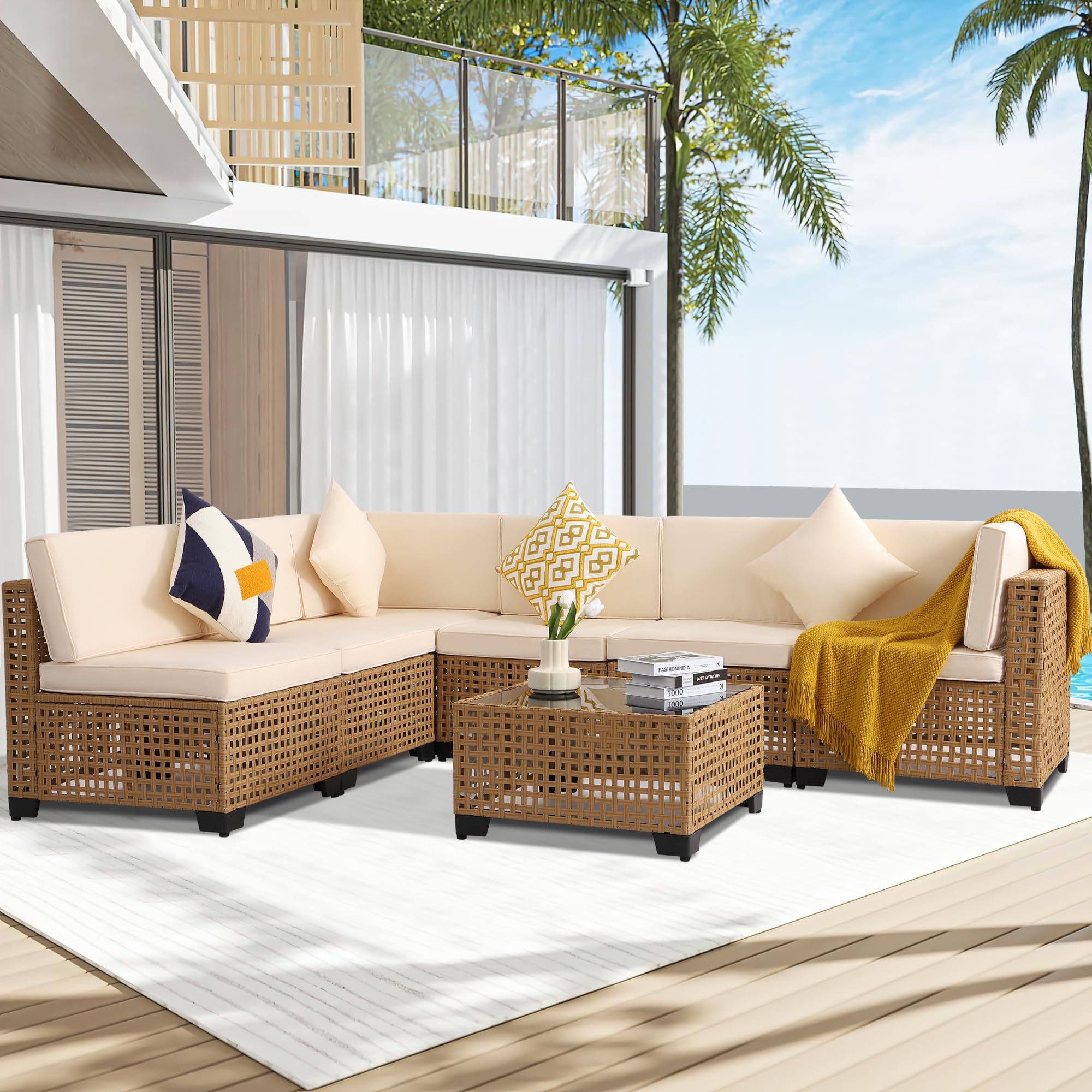 7-Piece Outdoor Patio Furniture Set with Rattan Chairs, Glass Table & Wicker Sectional Sofa - Waterproof Cushions Included (Yellow & White) - Perfect for Backyard, Garden & Poolside Relaxation