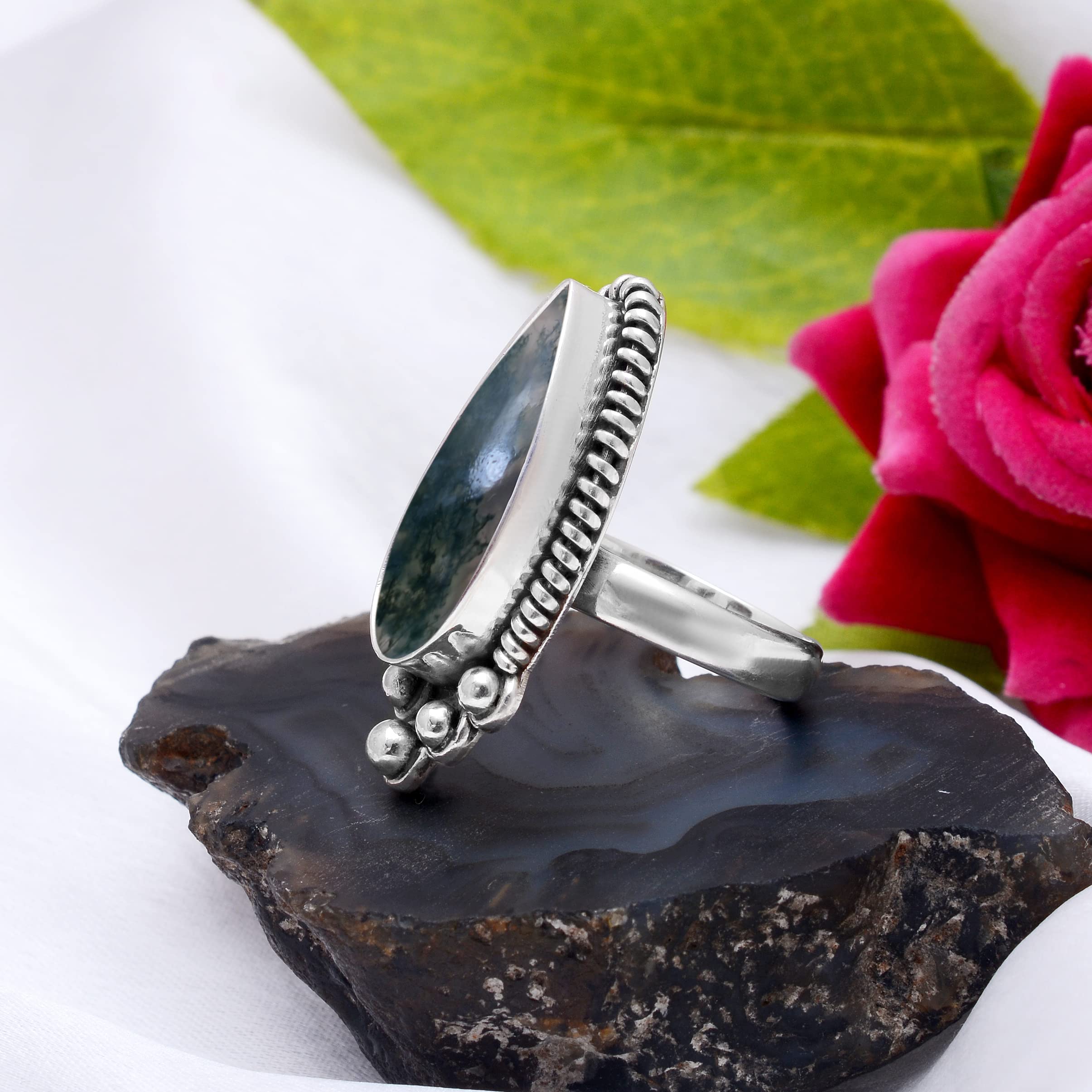 Veracity Jewelry Moss Agate Rings for Women - 925 Sterling Silver Healing Meditation Rings with Natural Green Gray Moss Agate Gemstone - Elegant Spiritual Jewelry for Yoga, Meditation & Everyday Wear - VSR-498