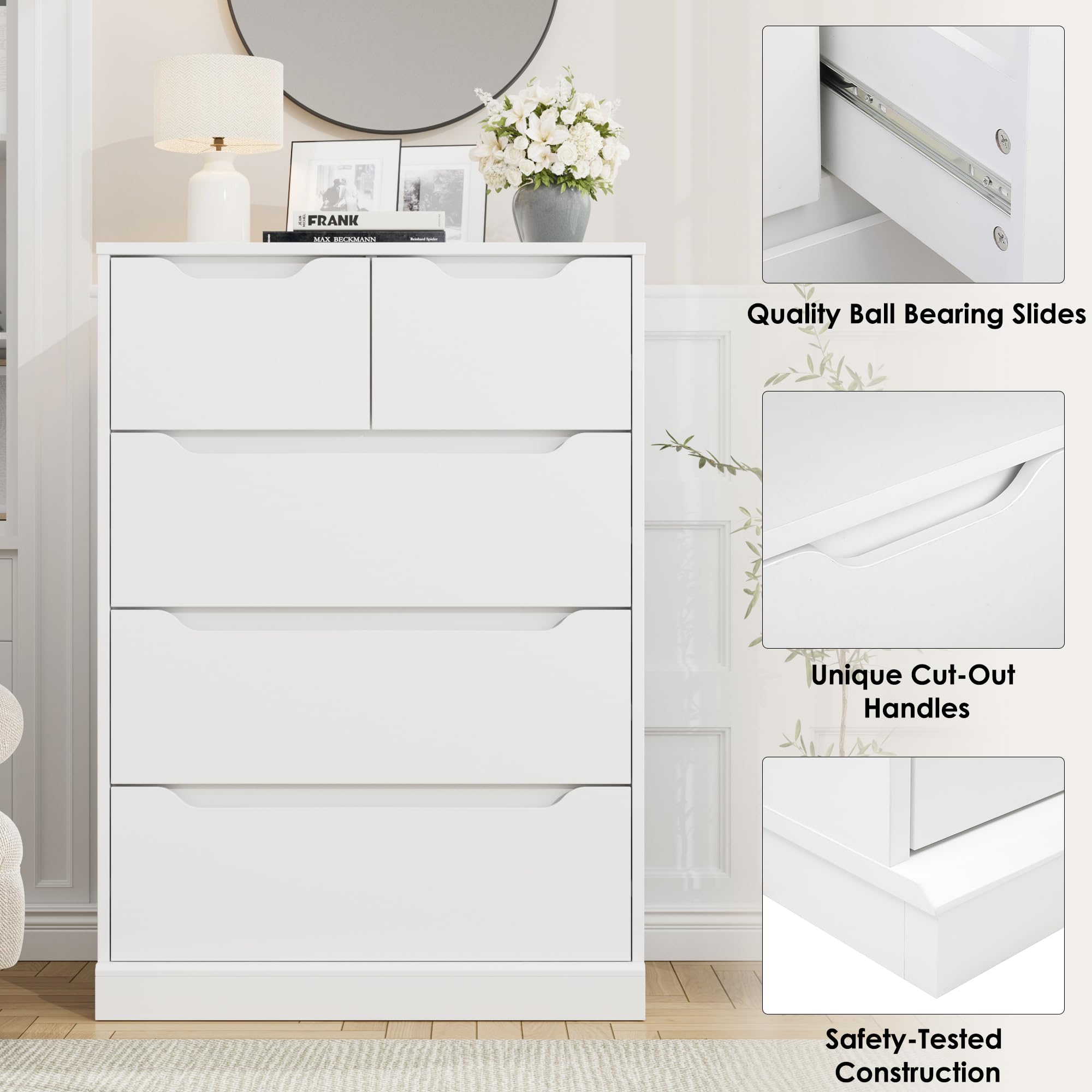 Modern 5-Drawer Dresser for Bedroom & Living Room - White Wood Storage Chest with Cut-Out Handles - Space-Saving Organizer for Clothes, Toys & Home Essentials - Perfect for Bedroom, Entryway, Hallway or Nursery Organization