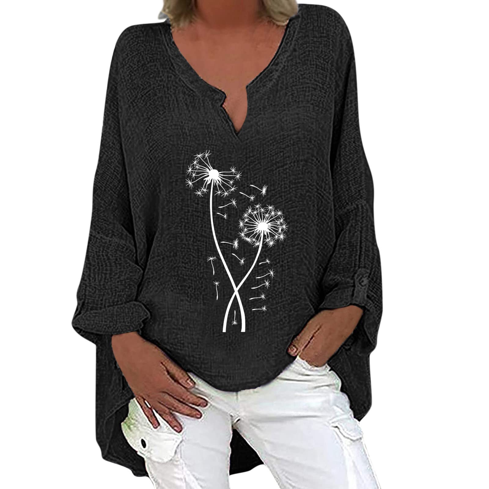 Women's Long Sleeve V-Neck T-Shirt - Casual Loose Fit Oversized Graphic Tee with Dandelion Print for Everyday Wear, Work & Weekend Outfits
