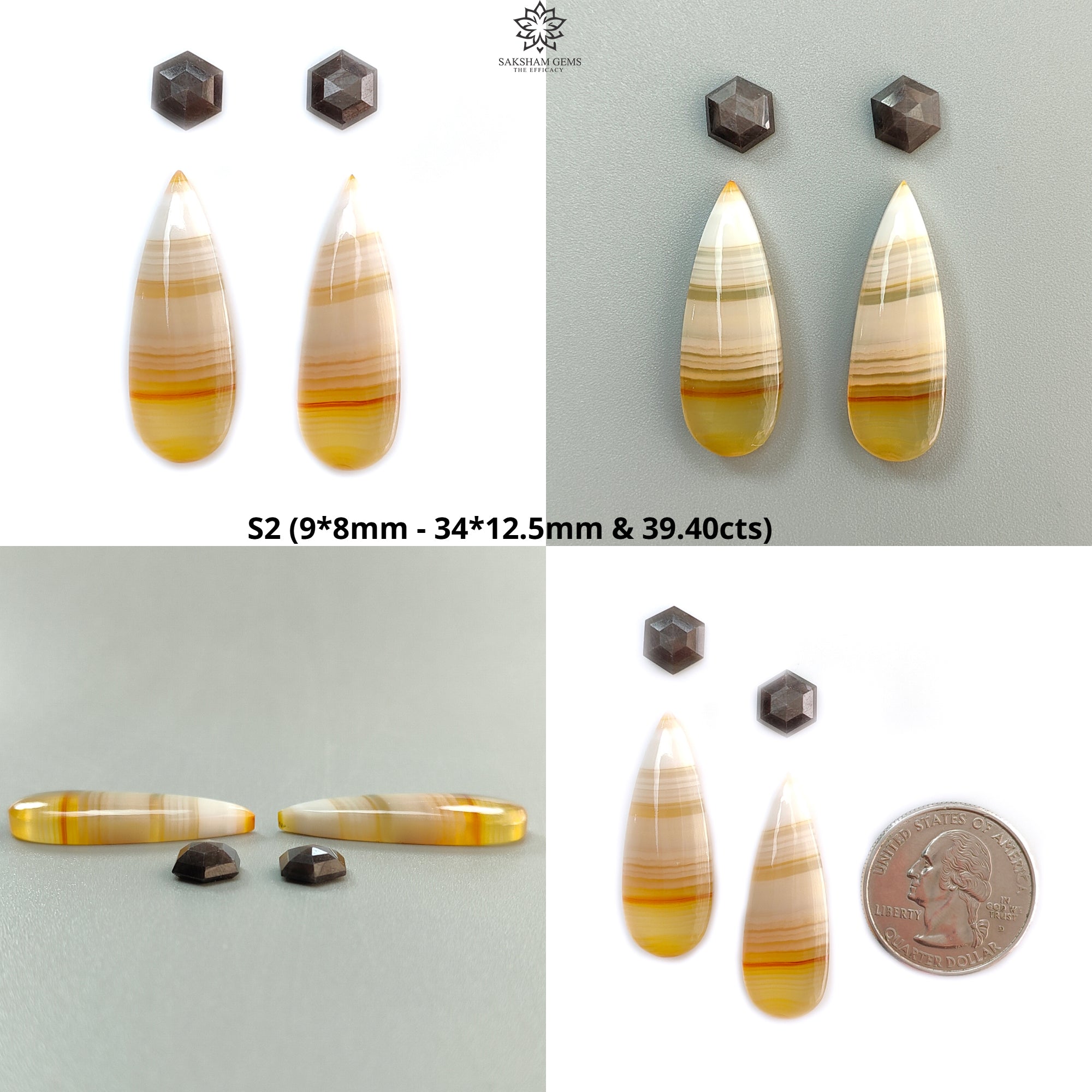 Natural Botswana Agate Gemstone with Serpentine & Gray Sapphire Cabochon - Untreated Bi-Color Agate Triangle and Pear 4pc Set for Jewelry Making, Wire Wrapping, and Healing Crystal Collections