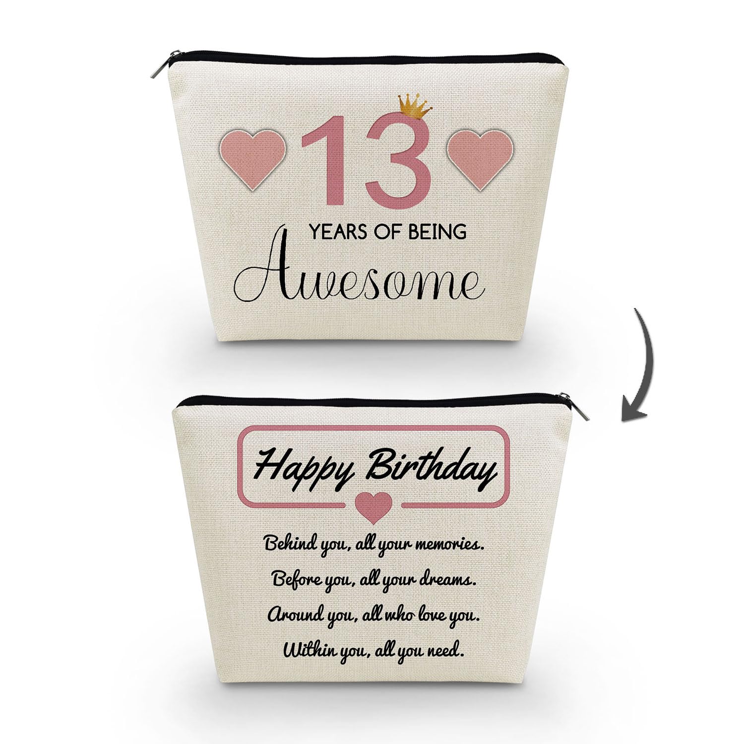 13th Birthday Makeup Bag for Girls - Cute Small Cosmetic Travel Toiletry Zipper Pouch - Perfect Gift for 13-Year-Old Friends, Sisters & BFF - Pink Birthday Present - Great for School, Sleepovers & Travel