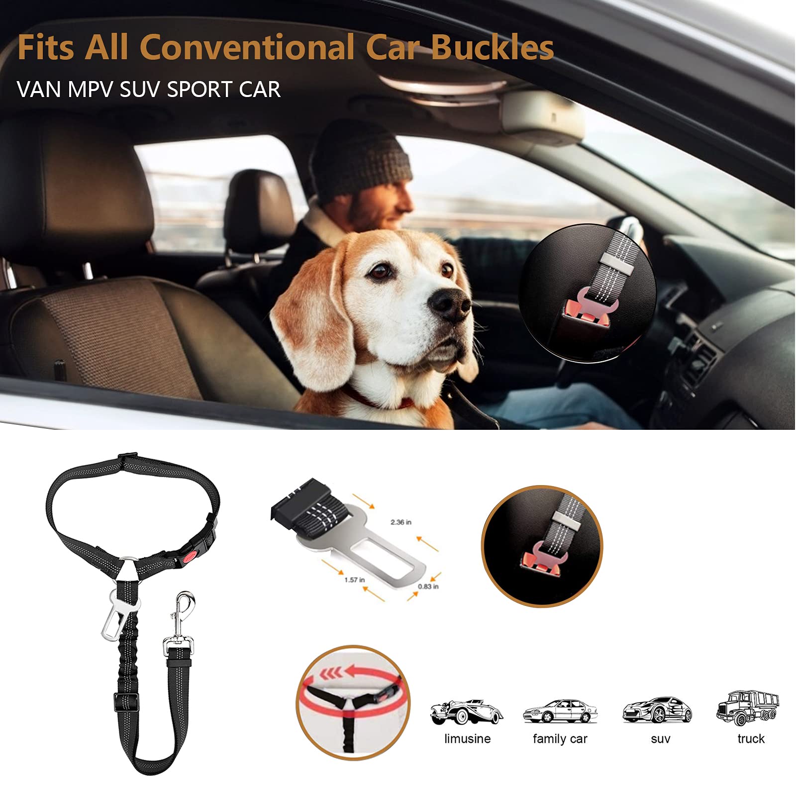 2-in-1 Dog Seat Belt & Headrest Restraint - Adjustable Pet Car Safety Harness with Clip Buckle for Small Medium Large Dogs - Perfect for Road Trips & Daily Commutes with Your Furry Friend