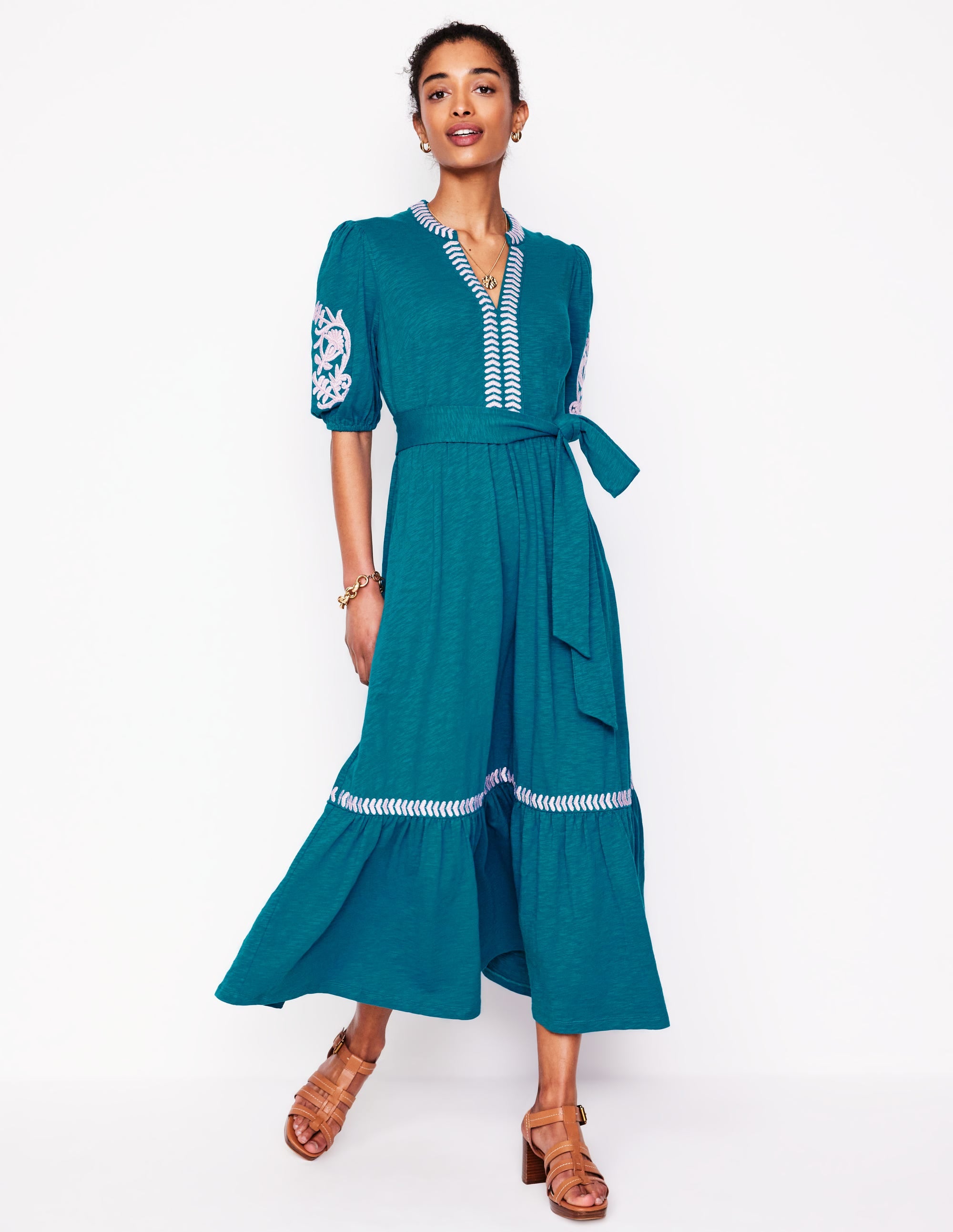 Amara Embroidered Jersey Dress - Deep Sea & Meadowsweet Pink Floral Summer Dress for Women | Perfect for Beach Vacations, Garden Parties & Date Nights