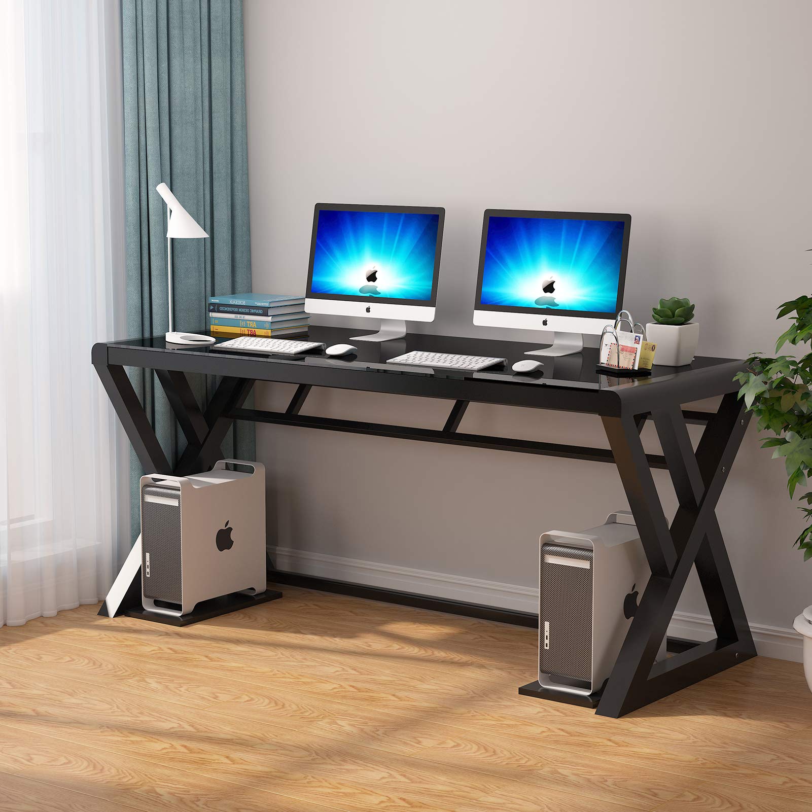 Modern Z-Shape Computer Desk with Metal Frame & Tempered Glass Top - 55.1 Inch Black Office Desk for Home Office, Gaming & Study Workstation - Perfect for Small Spaces & Ergonomic Workspaces