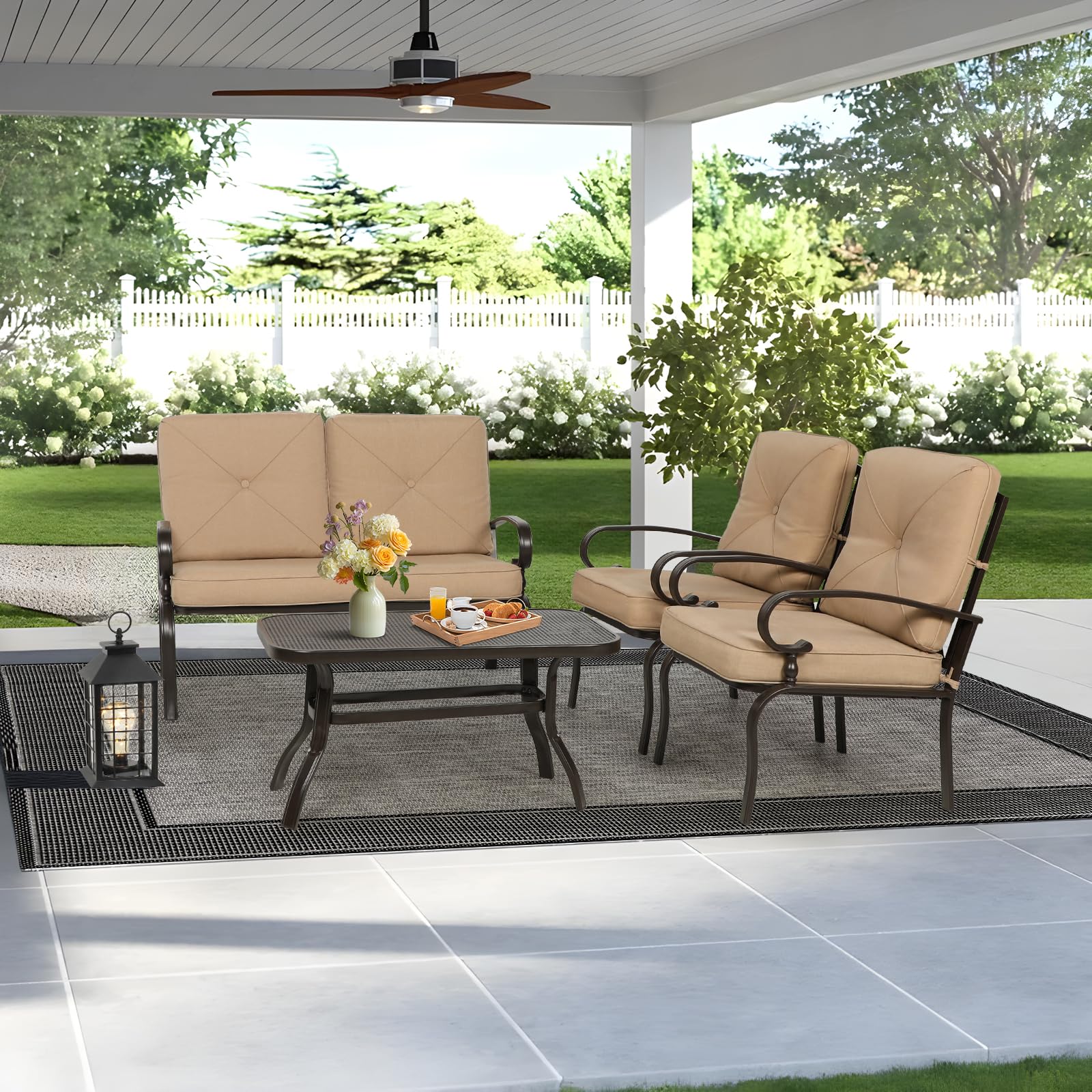 4-Piece Outdoor Metal Patio Furniture Set - Wrought Iron Loveseat, 2 Chairs & Coffee Table with Cushions - Brown Garden Conversation Set for Lawn, Porch, Backyard & Poolside Relaxation