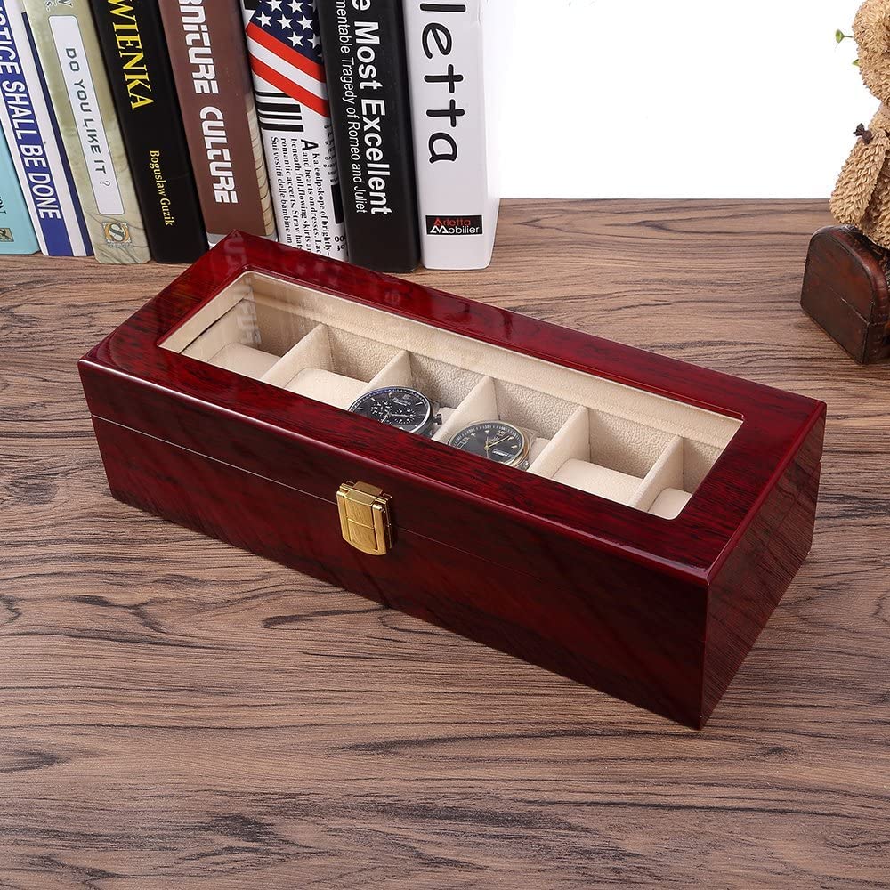 Premium 6-Slot Wooden Watch Box with Glass Lid & Removable Pillows - Luxury Watch Storage Case for Men & Women (Brown, Peach, Clear) - Perfect for Watch Collectors, Gift Giving & Jewelry Organization
