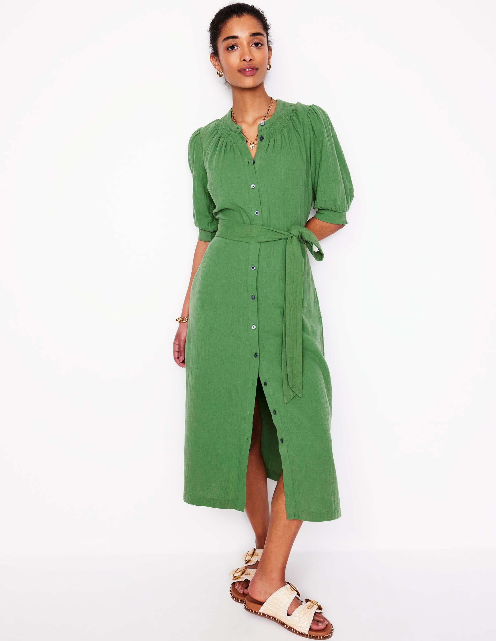 Ada Double Cloth Midi Dress - Paradise Green Floral Print Summer Dress for Women | Perfect for Beach Vacation, Garden Party & Casual Outings