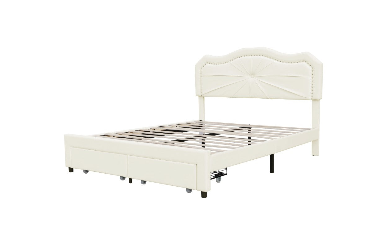 Beige Queen Size Platform Bed with 2 Footboard Storage Drawers - Modern Bedroom Furniture for Small Space & Guest Room Organization
