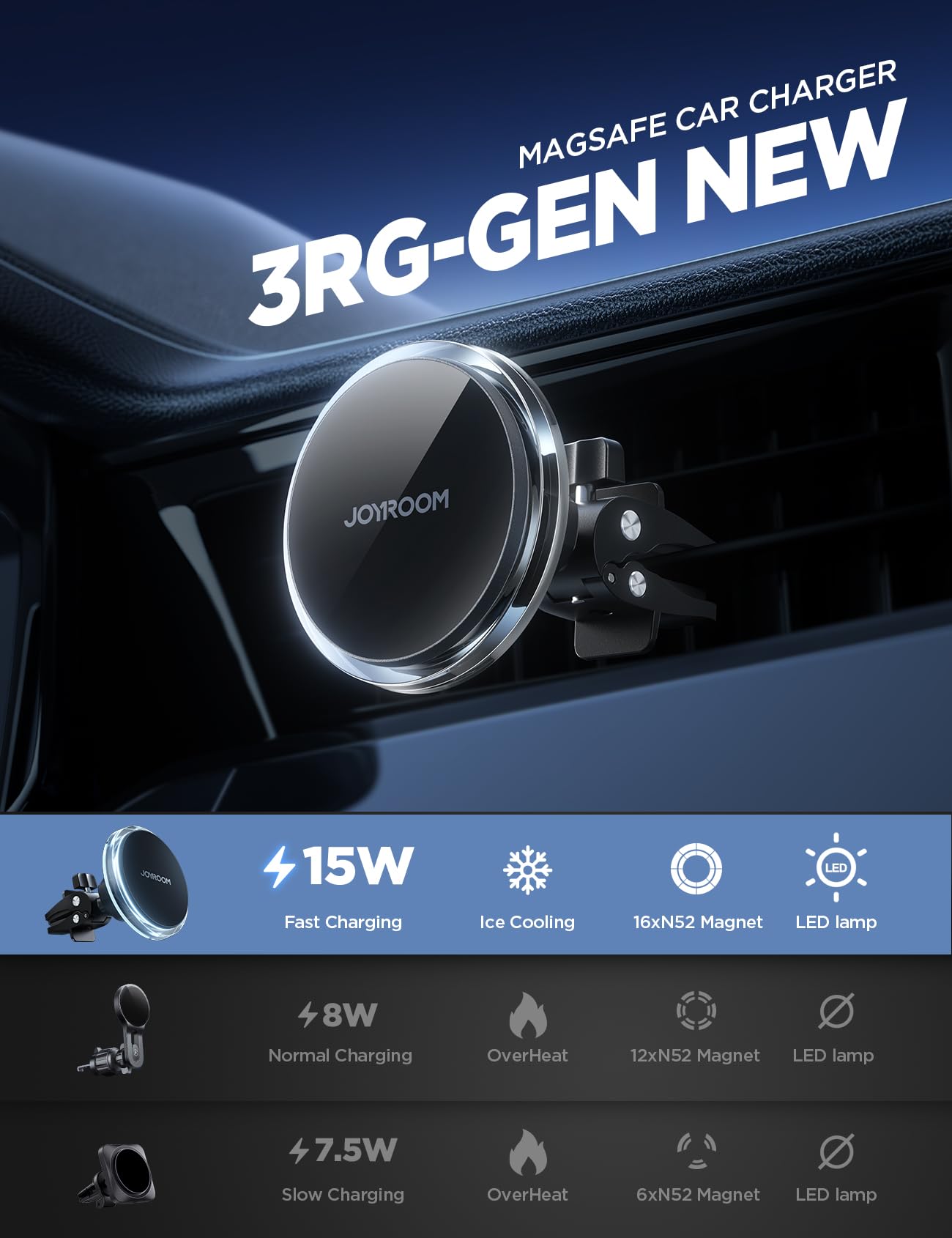 JOYROOM 15W MagSafe Car Mount Charger - Fast Wireless Charging for iPhone 16/15/14/13 - Magnetic Phone Holder with No Heat Technology - Perfect for Commuting, Road Trips & Hands-Free Driving