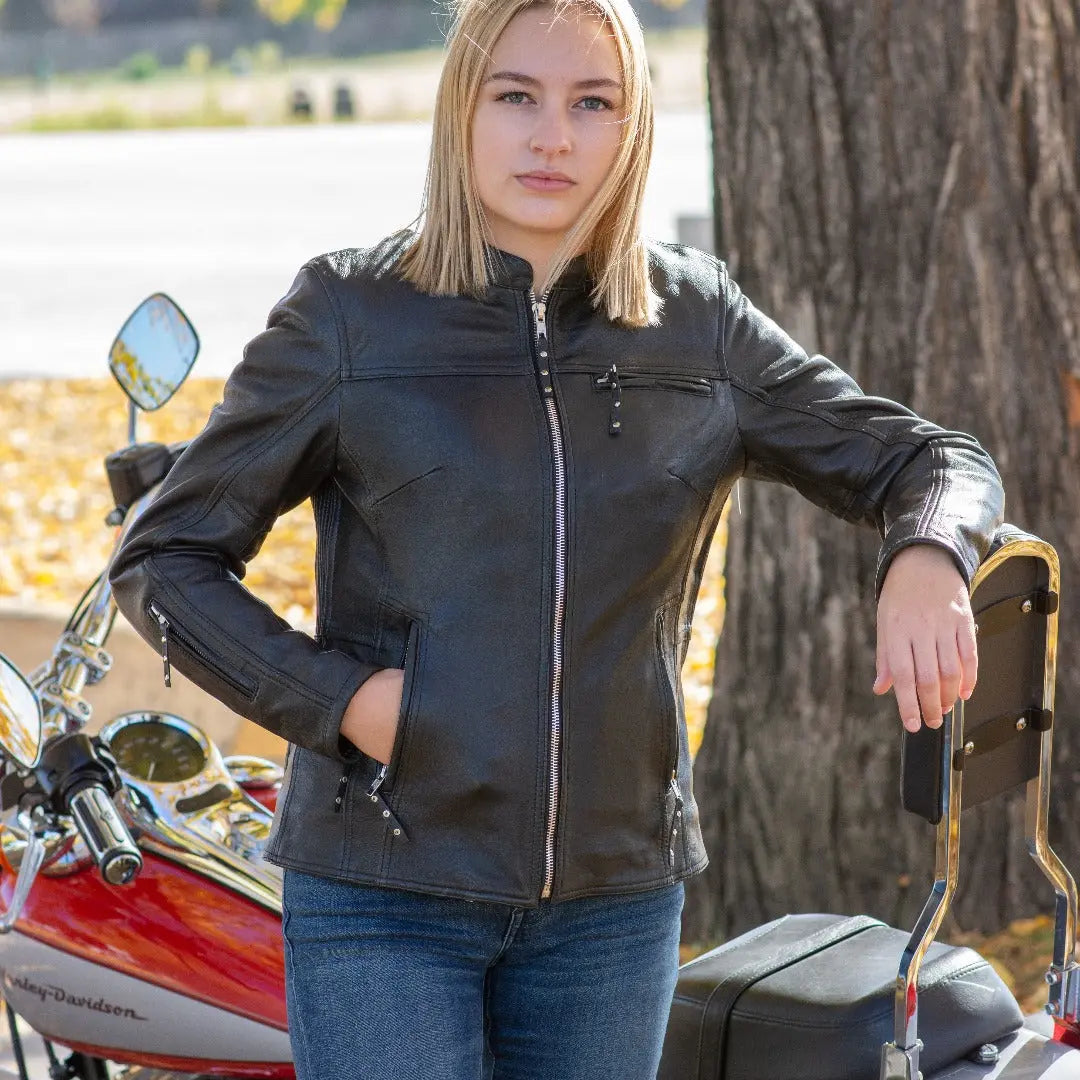 Open Road Women's Racer Leather Motorcycle Jacket - Stylish & Protective Biker Jacket for Riding, Fashion & Outdoor Adventures