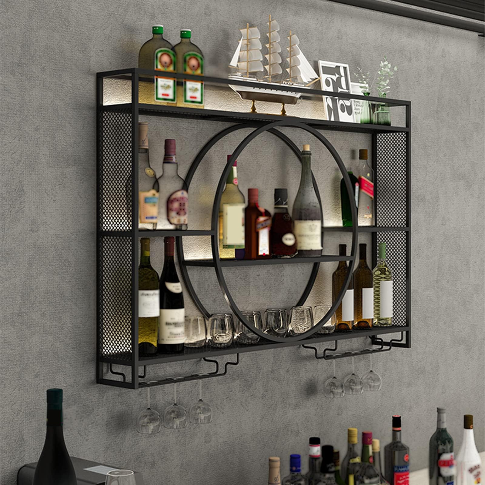 Wall Mounted Wine Rack - 3-Tier Large Capacity Metal Hanging Wine Storage Shelf with Glass Holder - Round Design for Kitchen, Living Room, Home Bar - Perfect for Entertaining Guests & Displaying Your Wine Collection (Black, 39.3 Inch/100cm)
