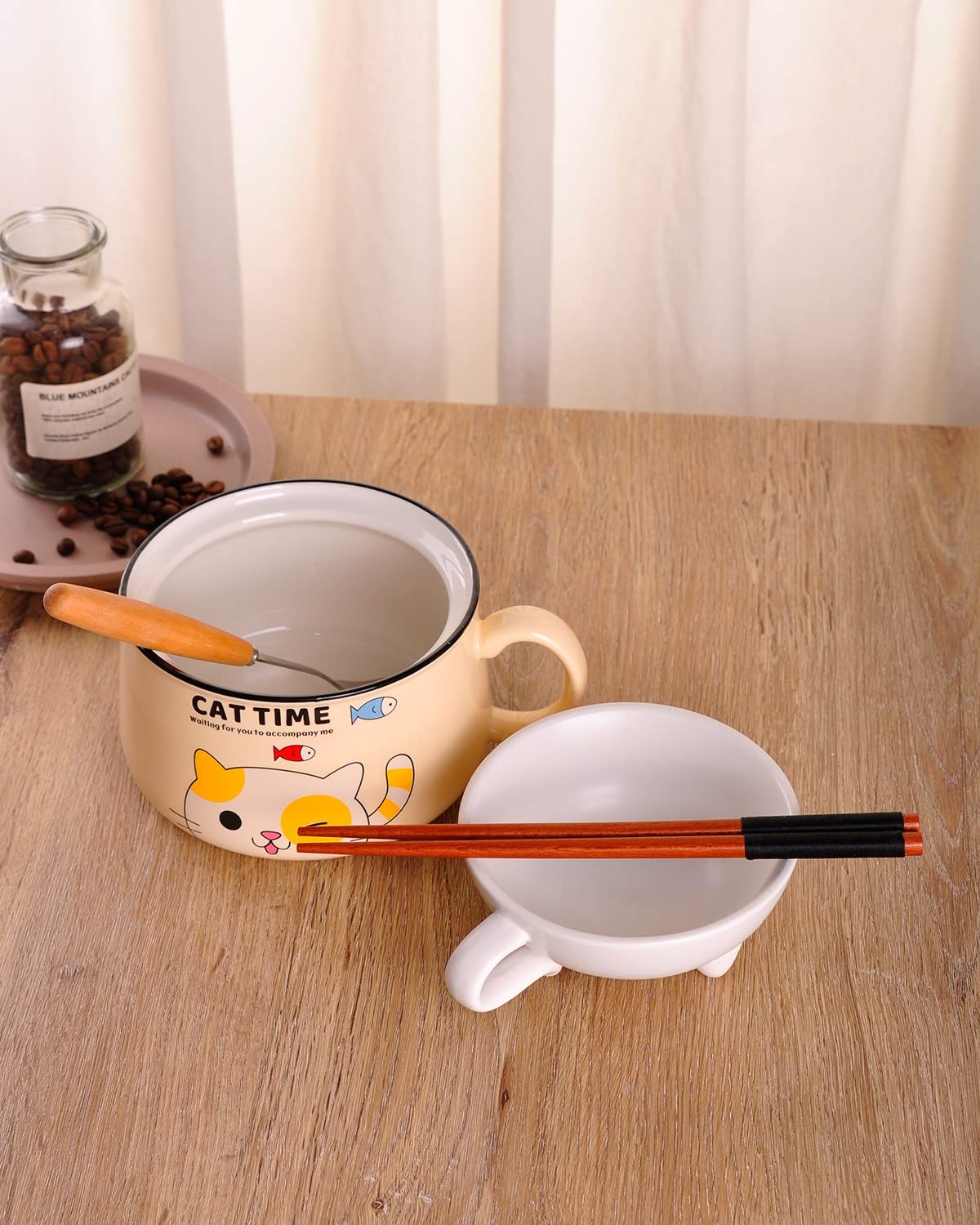 WHJY Cute Kitty Ramen Bowl Set with Lid - 35oz Microwave Safe Noodle Soup Bowl for Instant Ramen, Perfect for Home, Office & Dorm Use - Pink