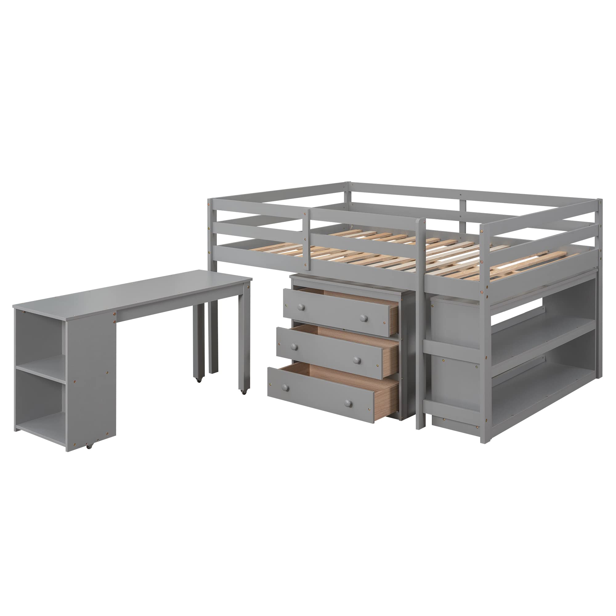 Low Loft Bed Full Size with Desk & Storage - Solid Wood Loft Bed Frame with Cabinet, Shelves & Rolling Desk - Multifunctional Space-Saving Furniture for Kids, Teens & Adults - Perfect for Small Bedrooms, Dorms & Studio Apartments (Gray)