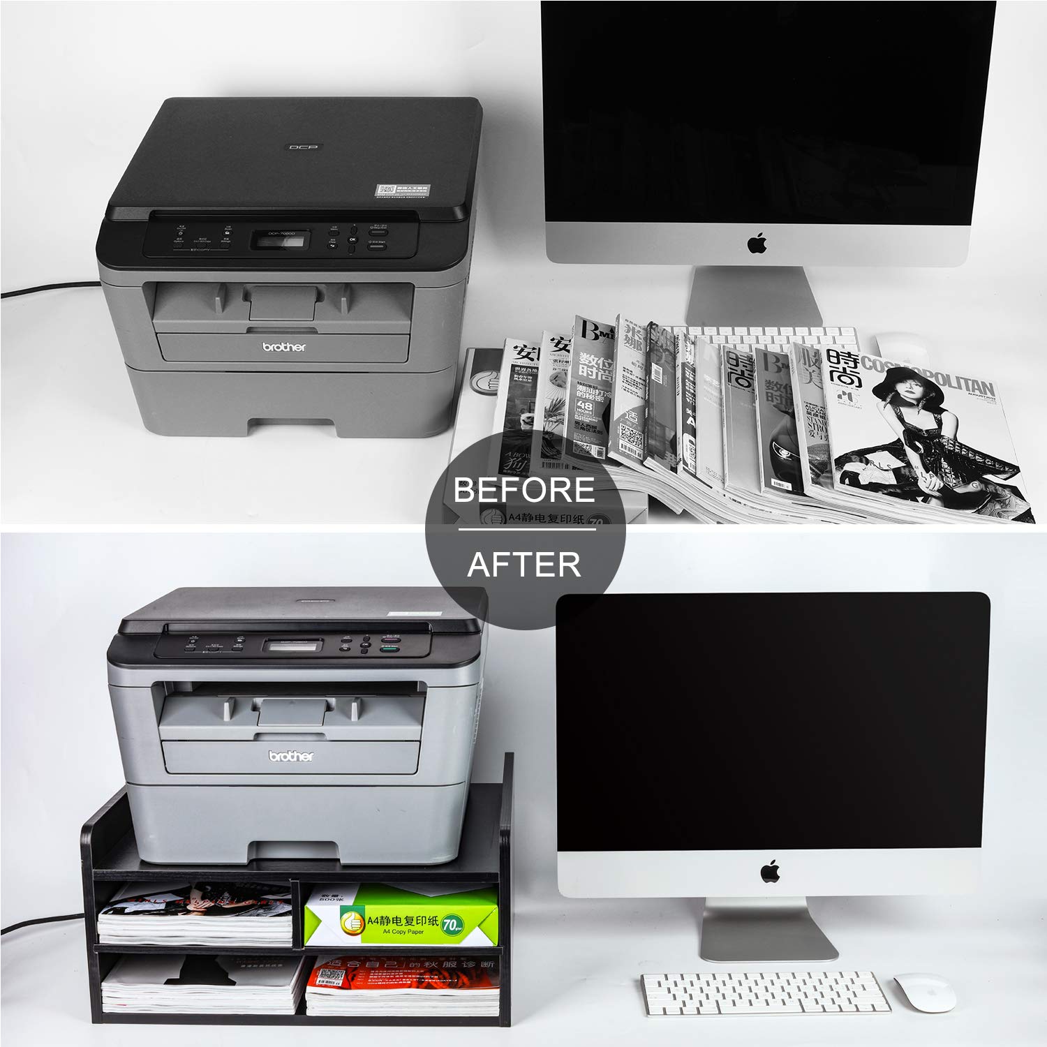 3-Tier Wooden Desktop Printer Stand with Storage - Organizer for Paper, Supplies & Printers - Perfect for Home & Office Workspaces (Black)