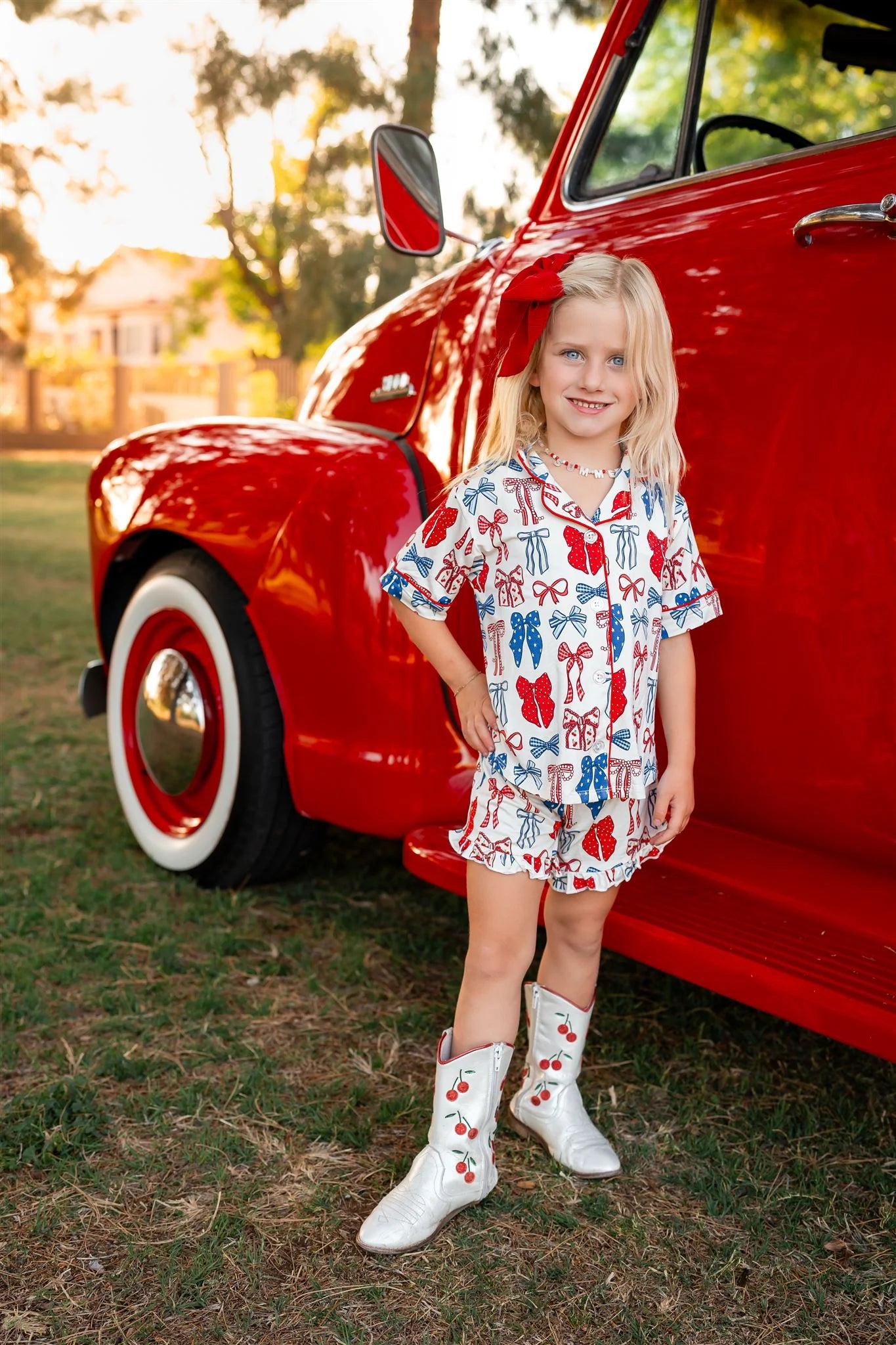 Red White & Blue Bows Pajama Set for Women - Cozy 4th of July Sleepwear | Perfect for Holiday Parties & Relaxing at Home