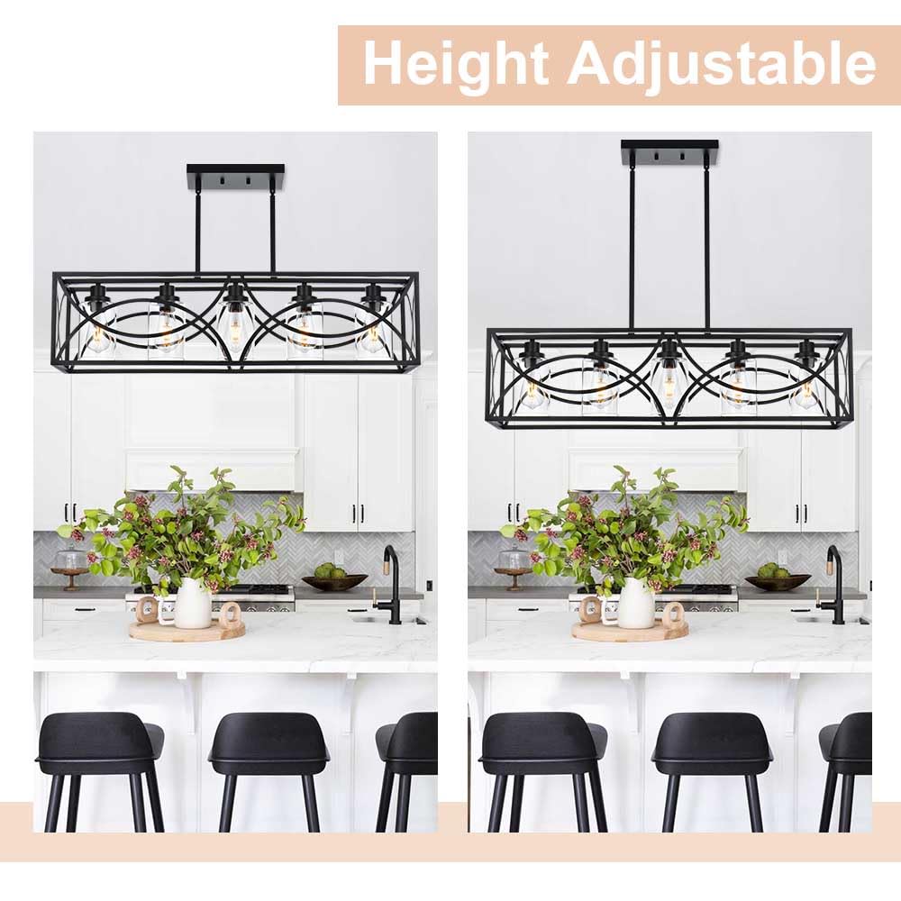Farmhouse Black Kitchen Island Lighting - 5-Light Rectangular Chandelier with Clear Glass Shades, Linear Pendant Light Fixture for Dining Room, Pool Table, Living Room - Perfect for Rustic Home Decor & Modern Farmhouse Interiors
