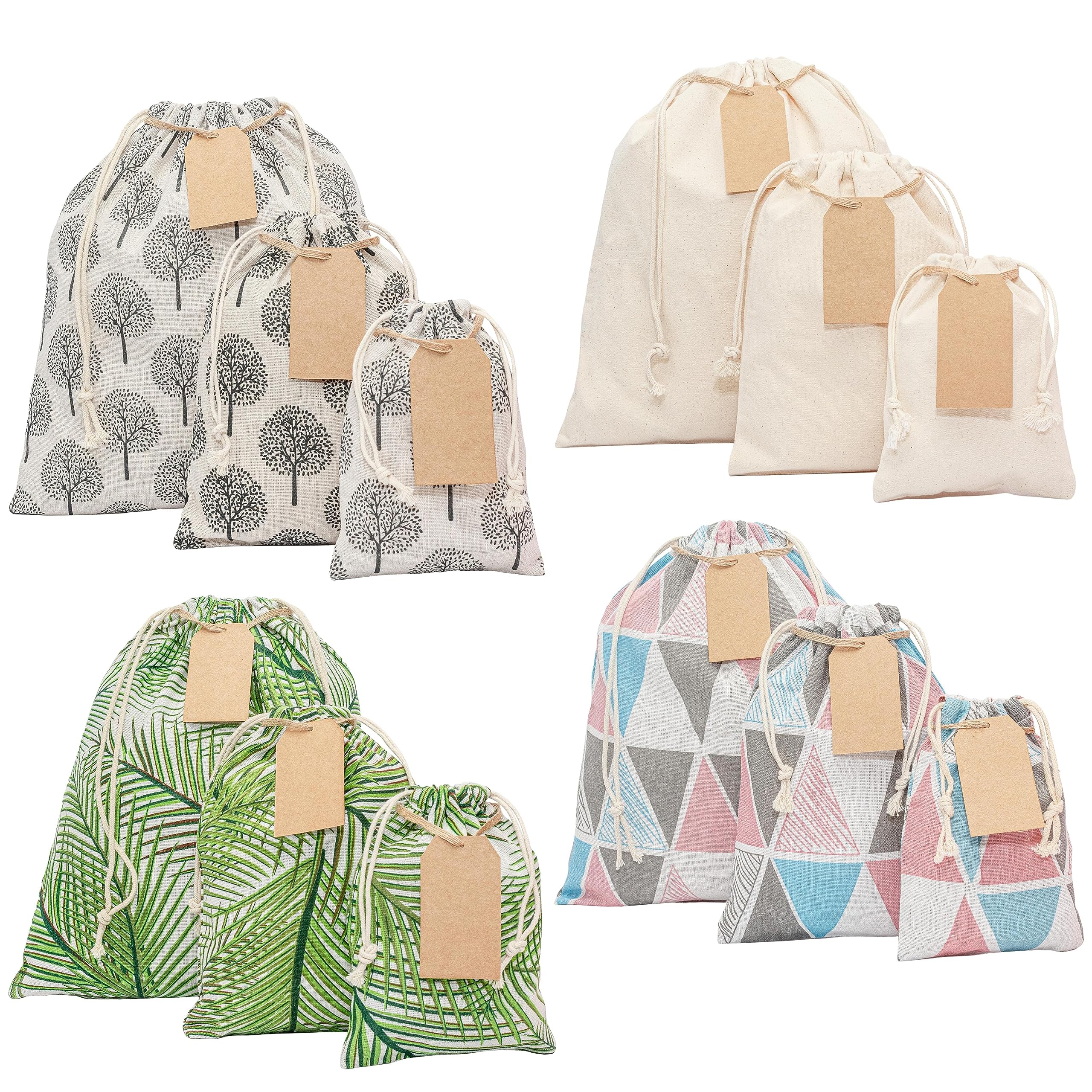 12-Piece Reusable Drawstring Gift Bags Set with 15 Gift Tags & Strings - Colorful Durable Cloth Gift Bags for Birthdays, Christmas, Baby Showers & Party Favors - Eco-Friendly Multipurpose Gift Packaging Solution