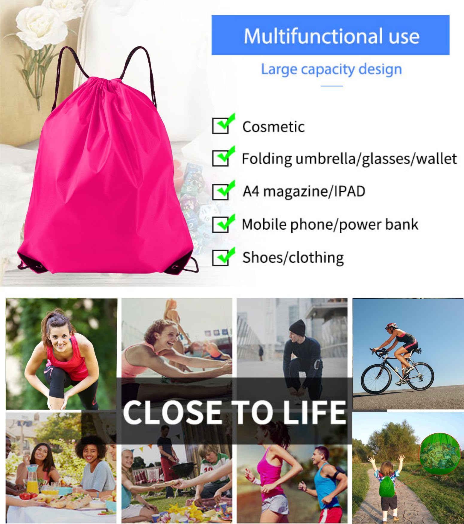 40 Pack Bulk Drawstring Backpacks - Fuchsia & Rose Cinch Bags for Outdoor Sports, Gym, Travel & School Events | Lightweight & Durable Sports Bags