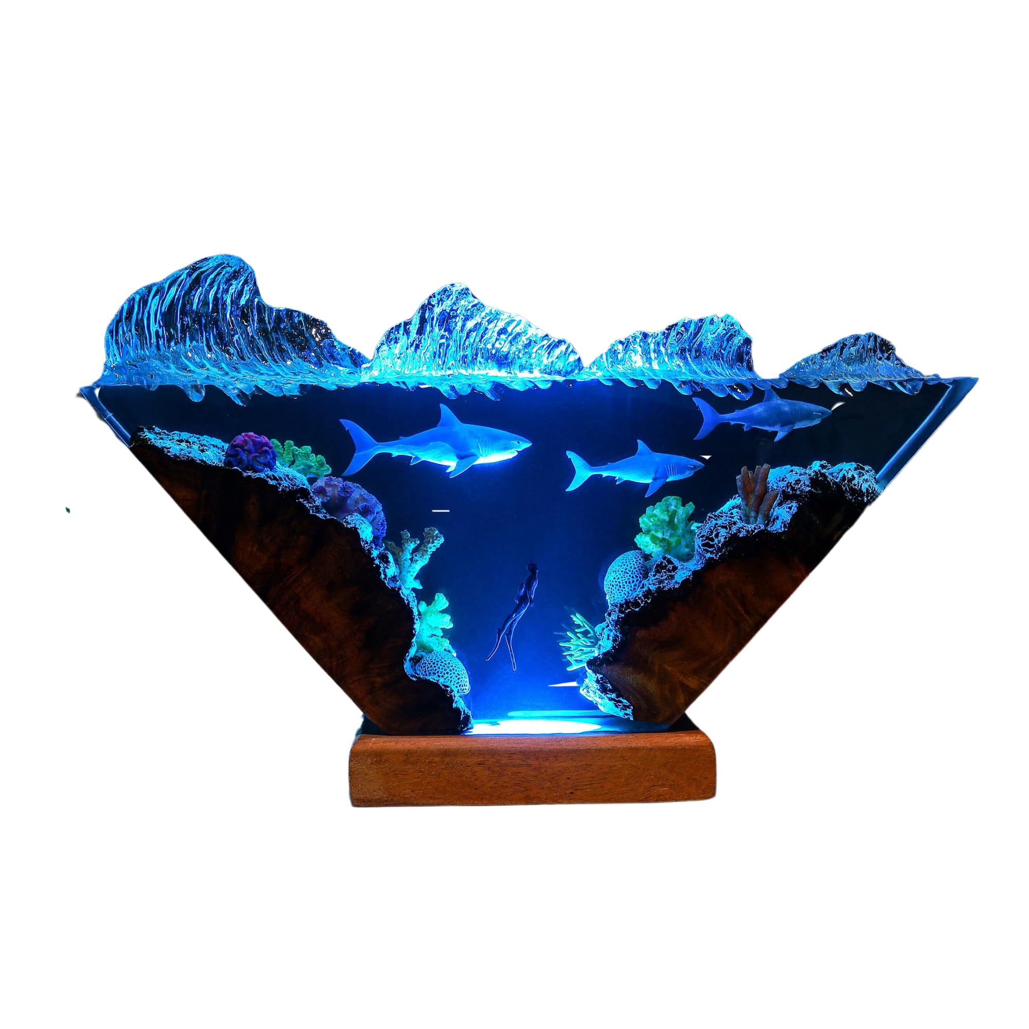 Epoxy Resin Ocean Table Lamp - Great White Shark & Diver Night Light, 12x6 Inch Deep Blue Sea Decor, Custom Personalized Valentine's Gift for Him or Her - Perfect for Bedroom, Living Room & Office Nightstand Lighting