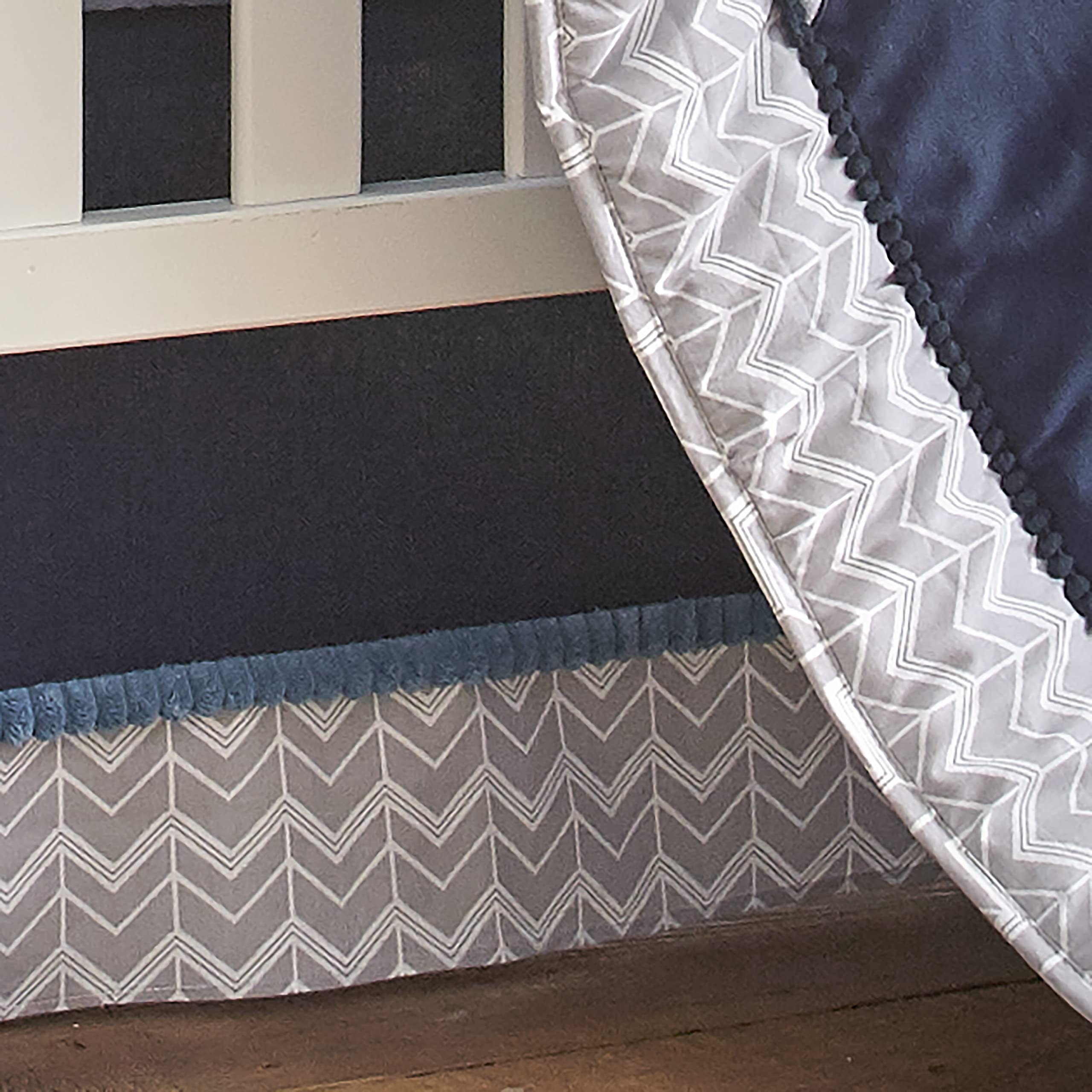 **Levtex Baby Trail Mix 4-Piece Crib Bedding Set - Bear Mountains Design in Grey, Navy, White & Blue - Includes Quilt, Fitted Sheet, Dust Ruffle & Wall Decal - Perfect for Nursery Decor & Baby Shower Gifts**