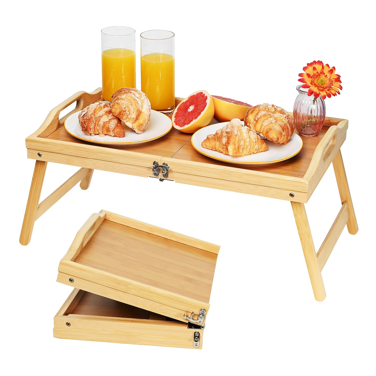 Foldable Bamboo Breakfast Tray with Handles - Portable Laptop Desk for Sofa, Bed & Office - Lightweight Serving Tray for Eating, Working & Snacking | Perfect for Breakfast in Bed, Home Office & Dorm Room Use