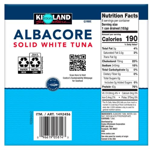 Premium Albacore Solid White Tuna in Water - Wild Caught, High Protein, Low Mercury - Perfect for Salads, Sandwiches & Keto Meals + Free EDLVS Sticker for Laptop & Water Bottle Decoration