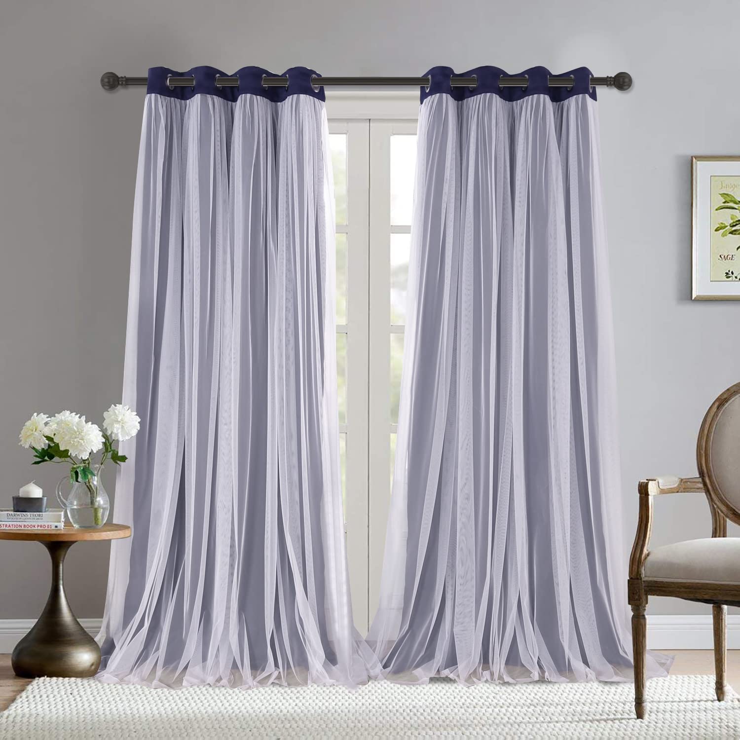 BONZER White Sheer Tulle Overlay Blackout Curtains with Grommet Top - 52x95 Inch Navy Living Room Curtains (Set of 2 Panels) for Bedroom, Nursery & Home Theater Light Control