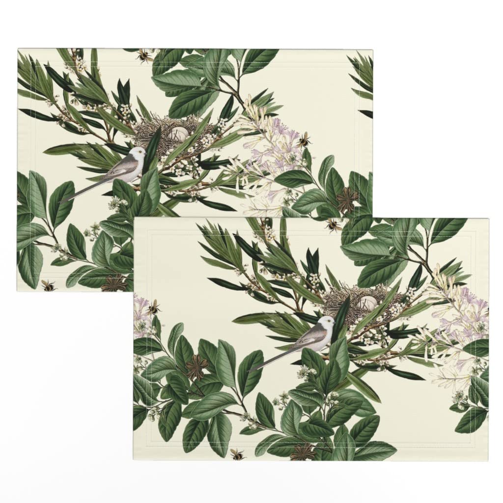Premium Linen Cotton Canvas Placemats Set of 2 - Vintage Botanical Bee & Blackbird English Garden Print Table Mats for Dining, Kitchen Decor, and Party Table Setting (Cream Color)