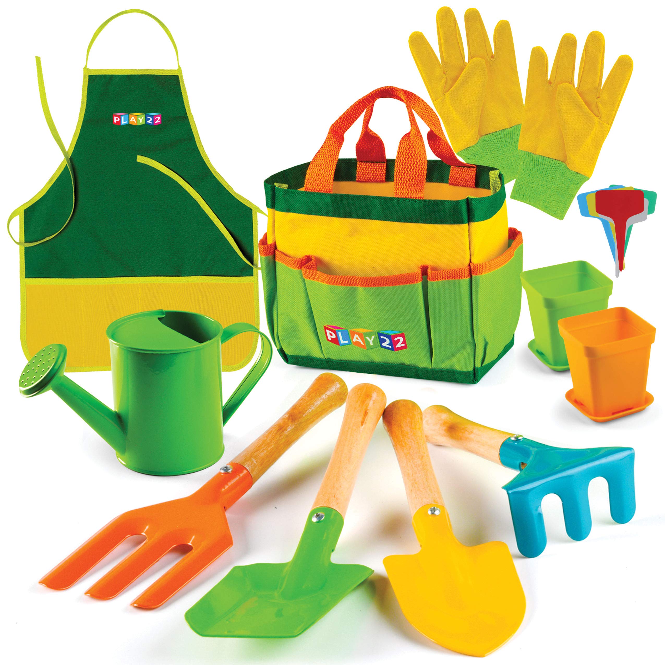 Play22 Kids Gardening Tool Set 12 PCS - Complete Gardening Kit with Shovel, Rake, Fork, Trowel, Apron, Gloves, Watering Can & Tote Bag - Best Outdoor Educational Toys for Toddlers & Children - Perfect for Backyard Planting, School Projects & Nature Exploration Activities