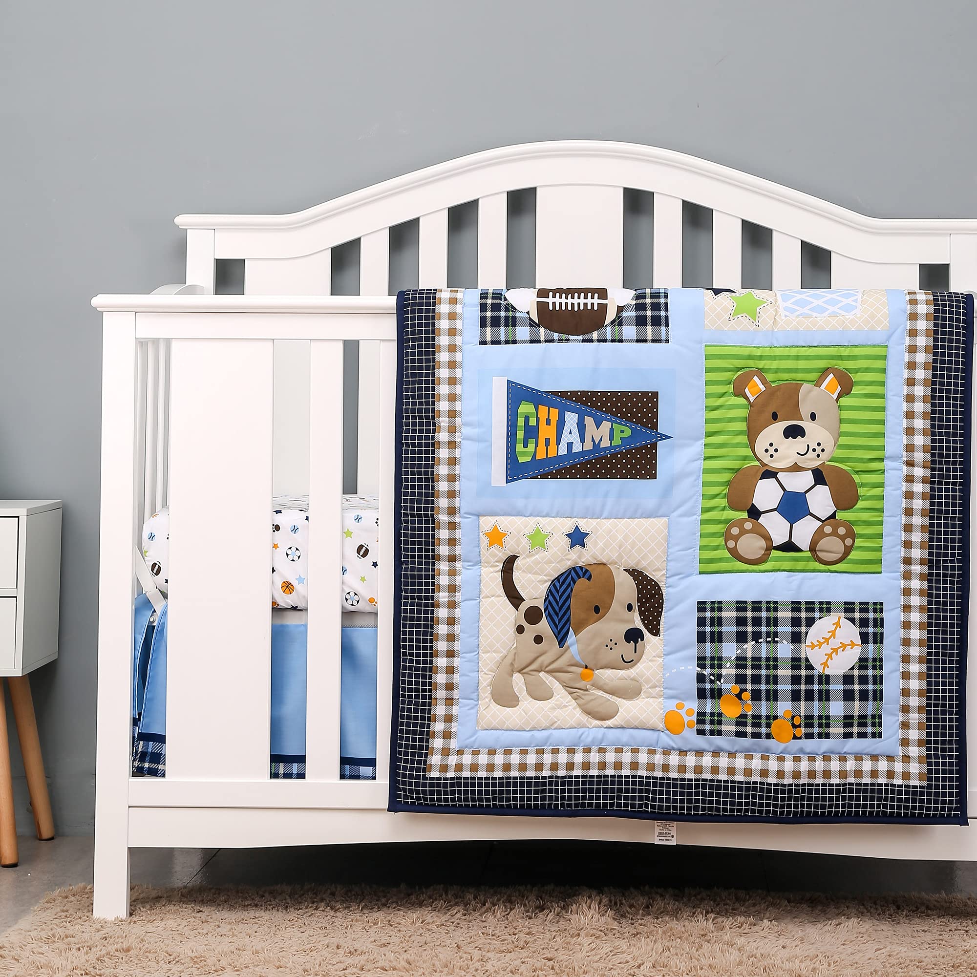 Brandream 5-Piece Baby Boy Crib Bedding Set - Sport Champ Dogs Theme | Soft & Breathable Nursery Bedding for Newborns & Toddlers | Perfect for Nursery Decor, Baby Showers & Gift Giving