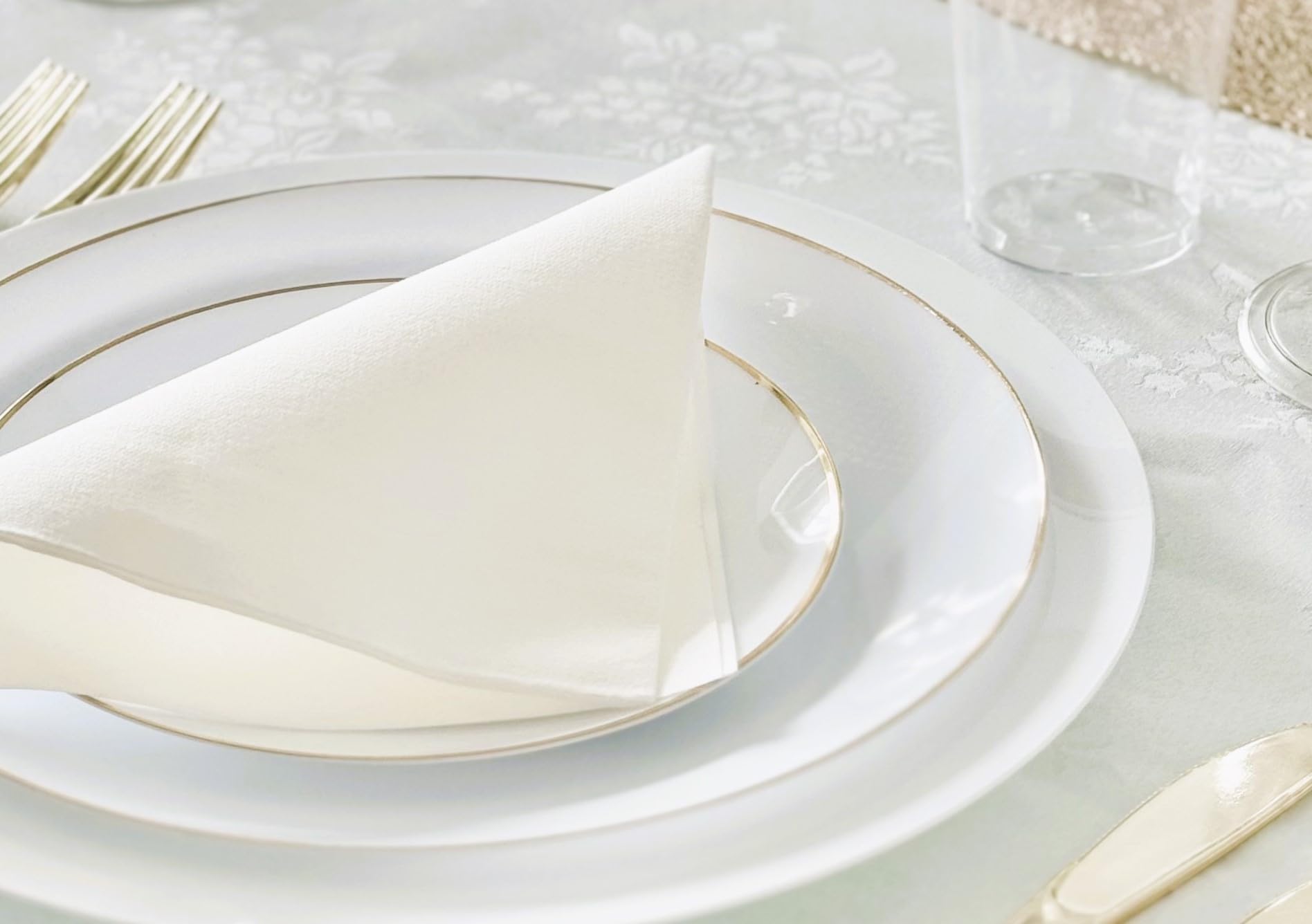 240-Pack Disposable Plastic Plates for Wedding & Party - 10.25 Inch Elegant White & Gold Dinner Plates (Bali Design) - Perfect for Birthday Celebrations, Bridal Showers & Catering Events