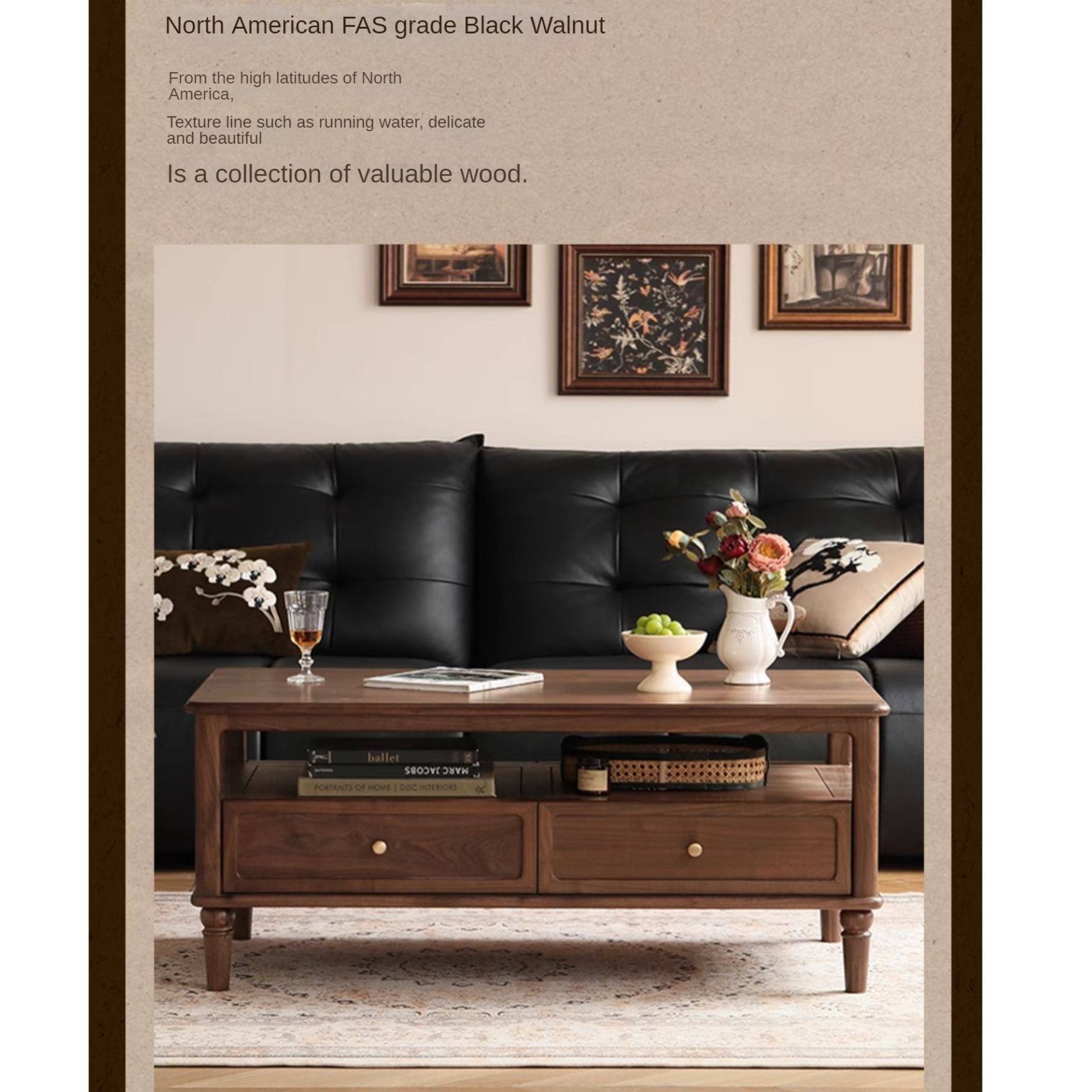 Solid Black Walnut Wood American Retro Coffee Table - Mid-Century Modern Style for Living Room, Lounge & Office Decor