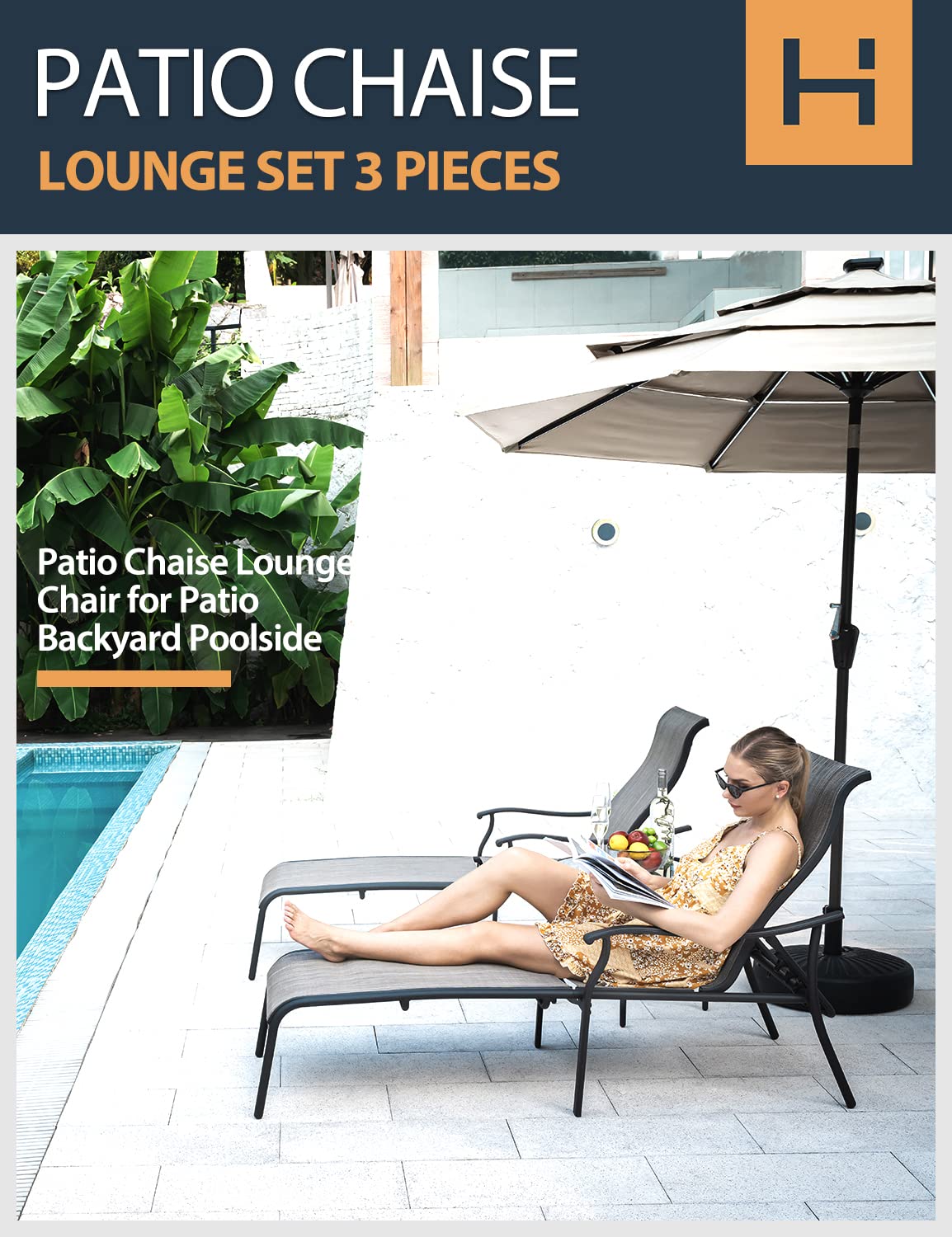 HAPPATIO 3-Piece Outdoor Furniture Set - Glass Top Coffee Table & Breathable Textilene Fabric Pool Lounge Chairs - Gray Patio Chaise Lounge for Backyard, Poolside Relaxation | Perfect for Sunbathing, Outdoor Entertaining & Garden Lounging